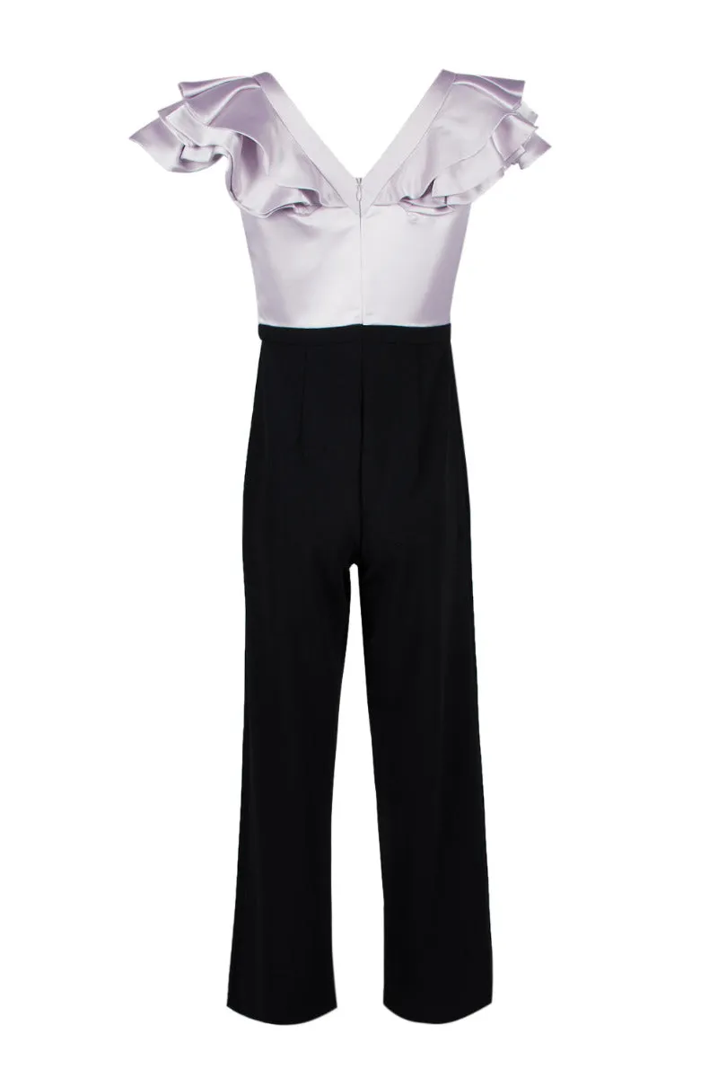 Aidan Mattox V-Neck Flutter Sleeve Zipper Back Satin Crepe Jumpsuit