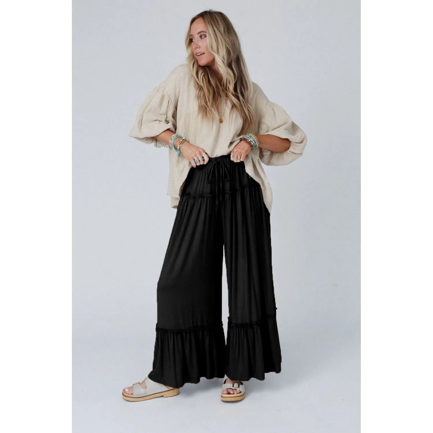Black Frilled Drawstring High Waist Wide Leg Pants