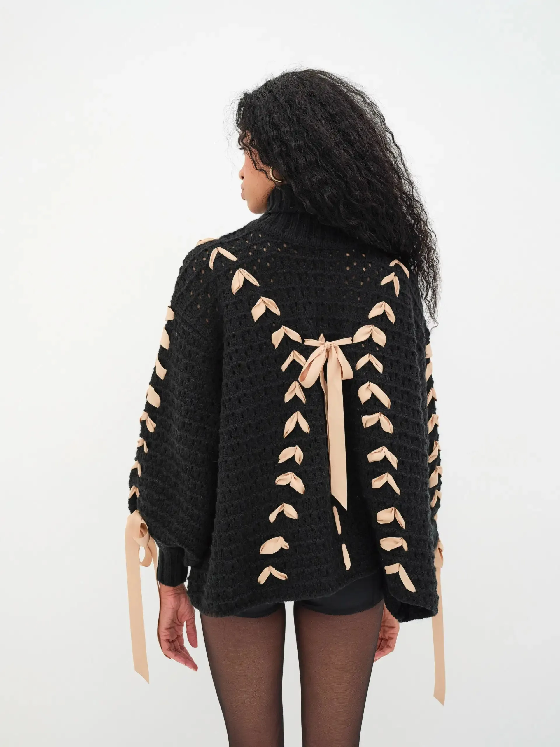 Black Turtleneck Stylish Ribbon Bow Sweater