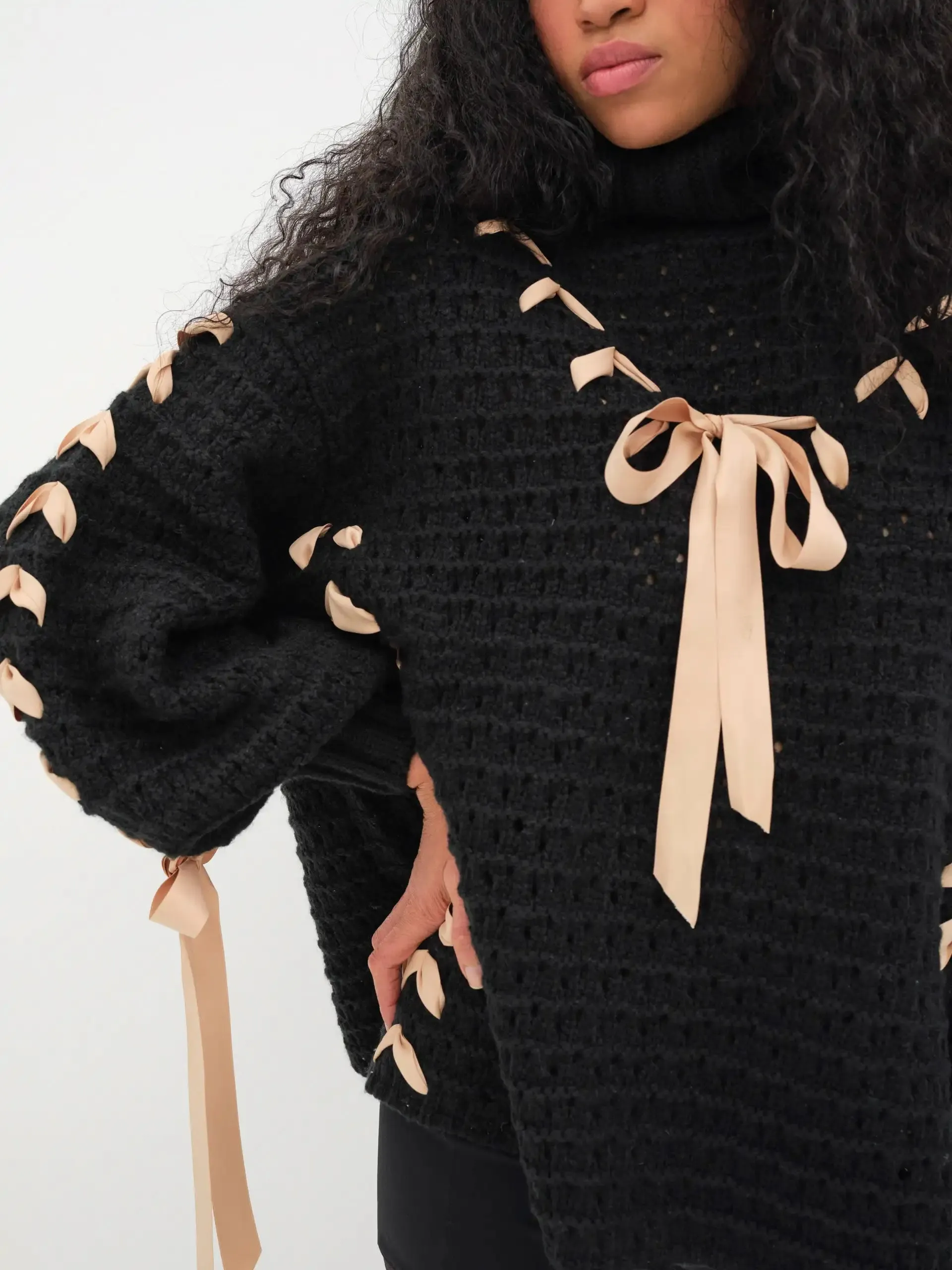 Black Turtleneck Stylish Ribbon Bow Sweater