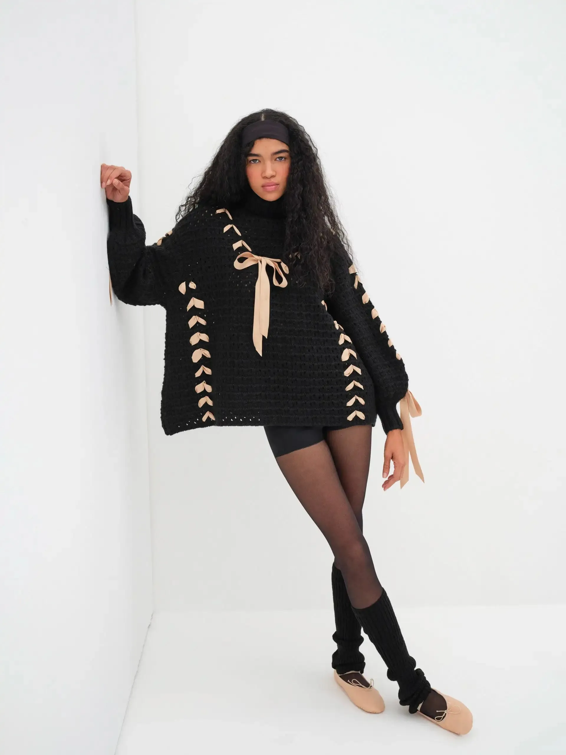 Black Turtleneck Stylish Ribbon Bow Sweater
