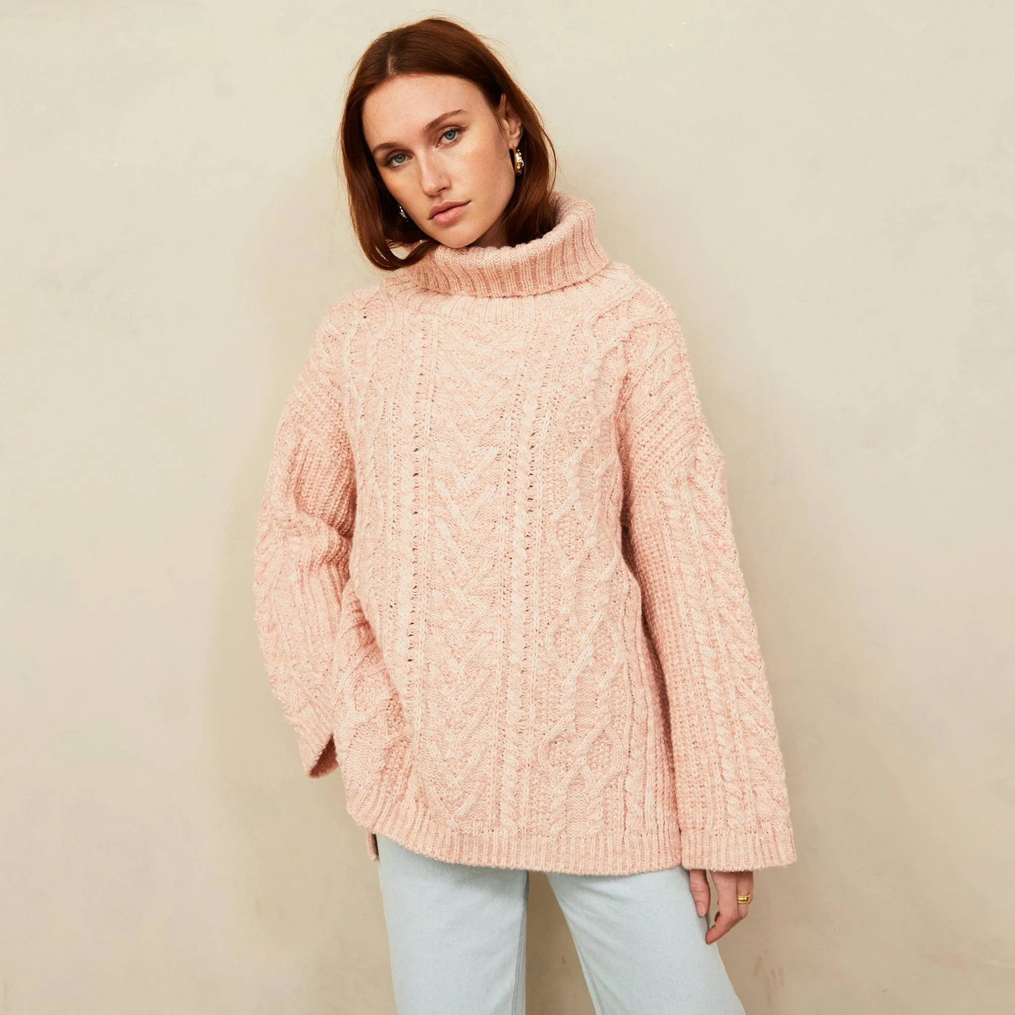 Cara & The Sky - Emily Cable Roll Neck Sweater - Dusky Pink