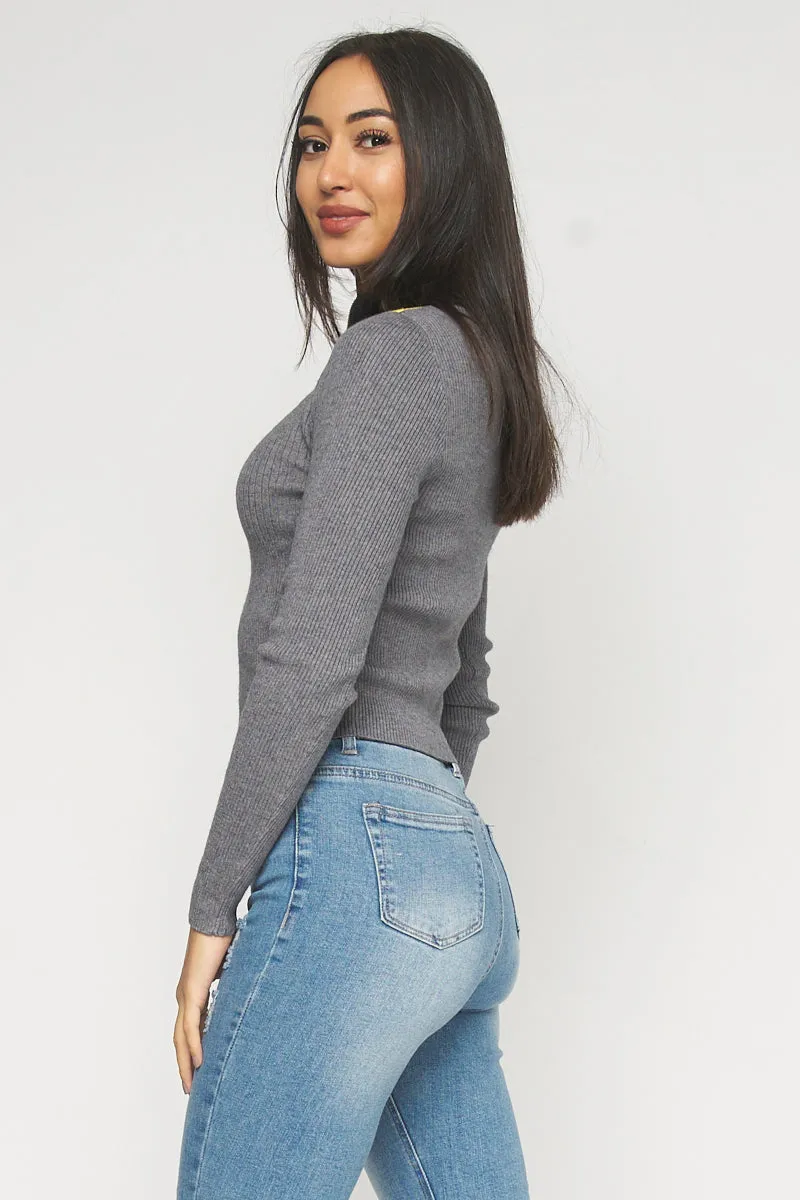 Colorblock Long Sleee Front Zipper Neckline Cable Knit Top Sweater (W9040)