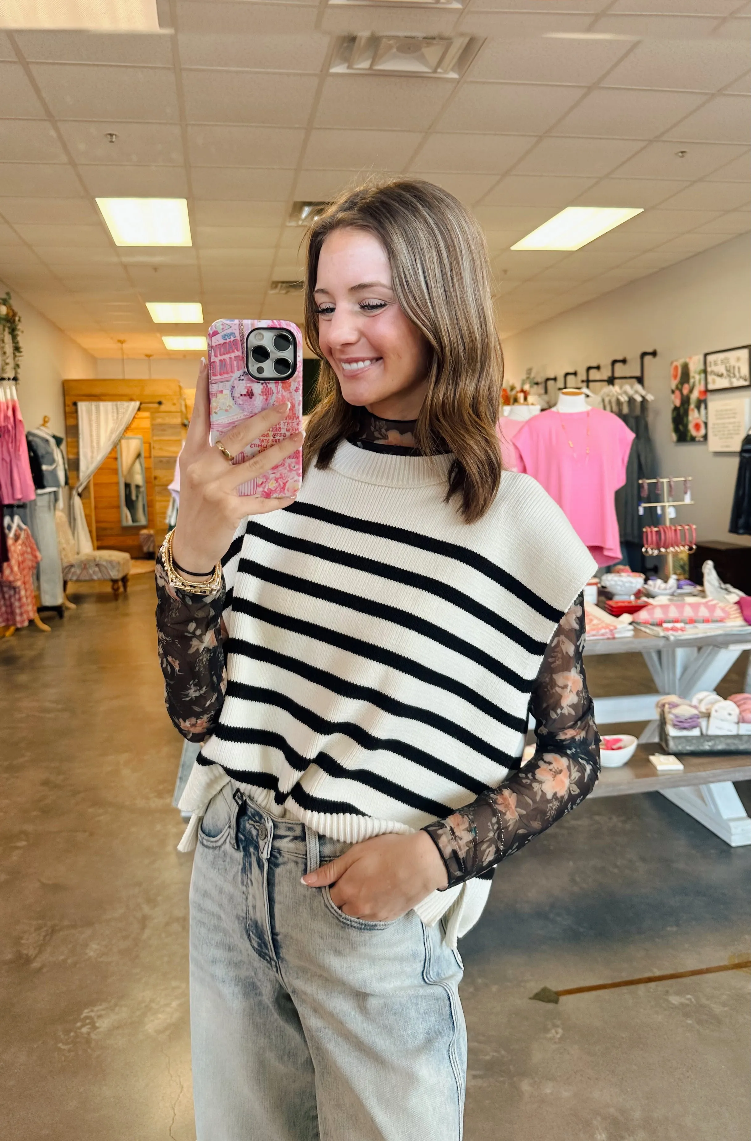 Floral Black Sheer Mesh Lace Layering Top (S-L)