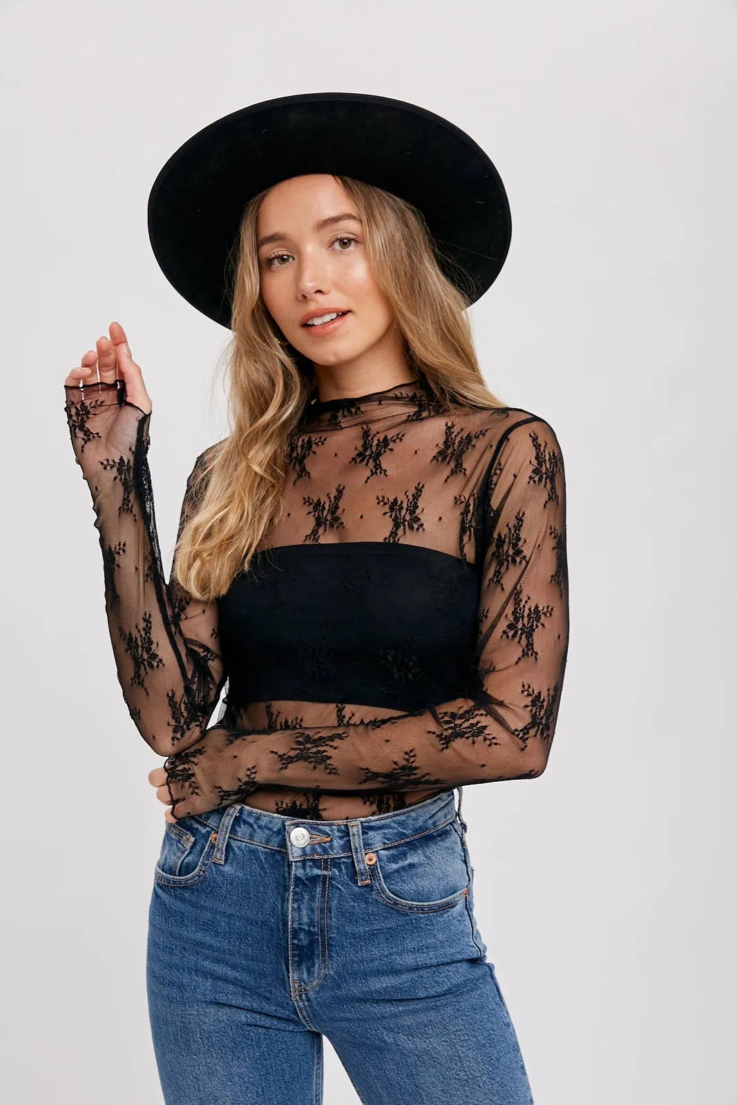 FLORAL EMBROIDERY LACE MESH LAYERING TOP