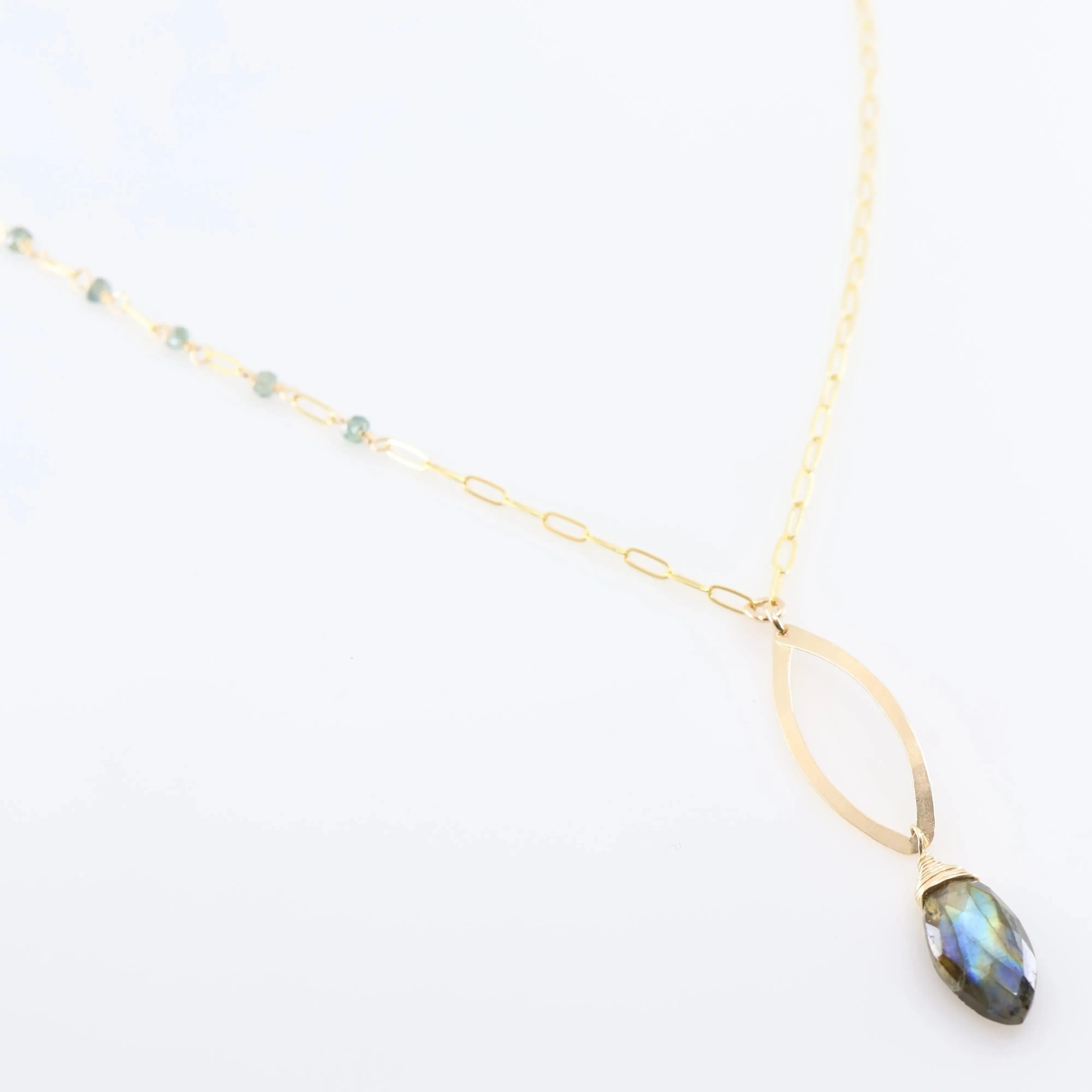 Forged Marquis Pendant Necklace with Labradorite and Australian Sapphire
