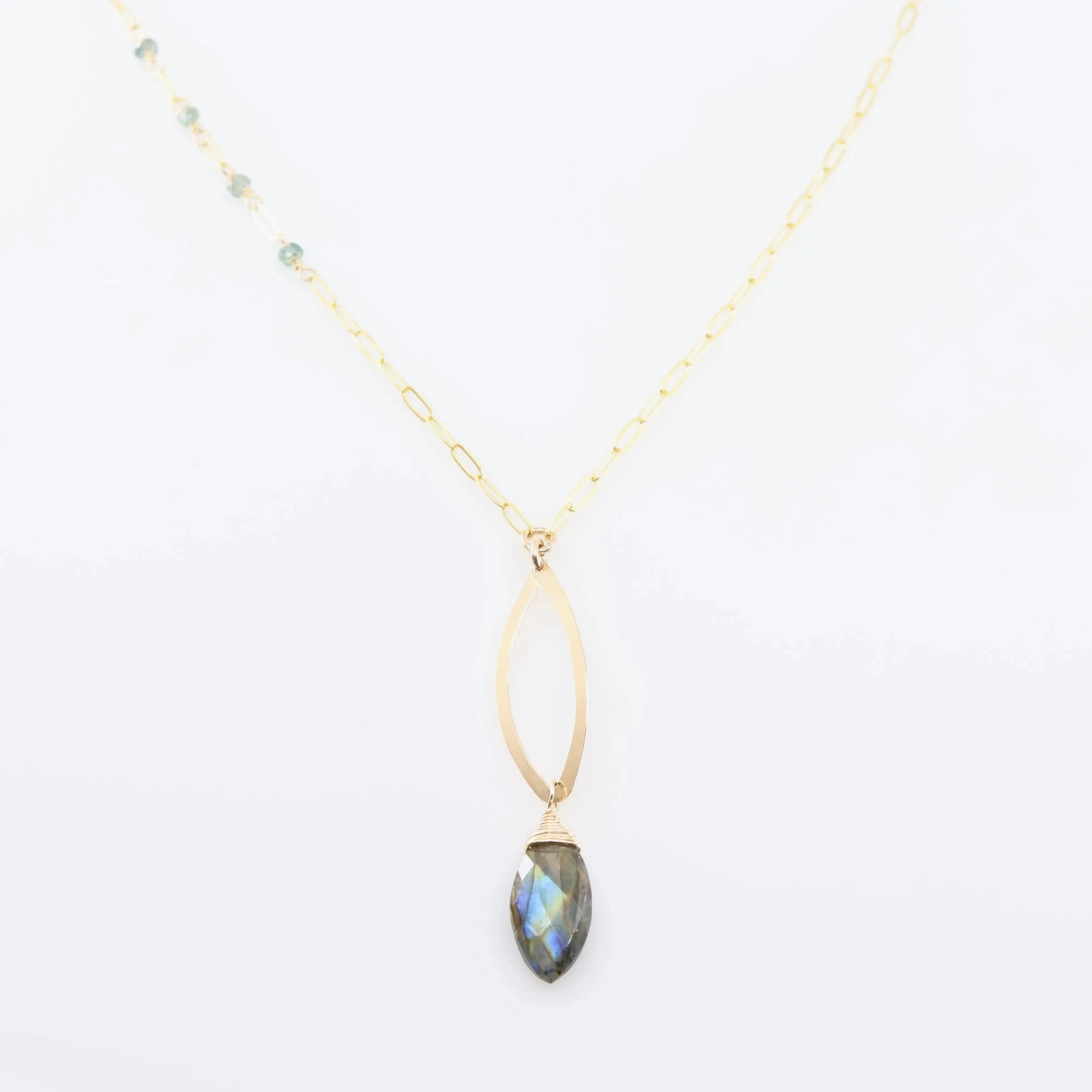 Forged Marquis Pendant Necklace with Labradorite and Australian Sapphire
