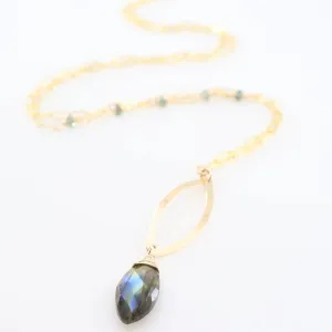 Forged Marquis Pendant Necklace with Labradorite and Australian Sapphire
