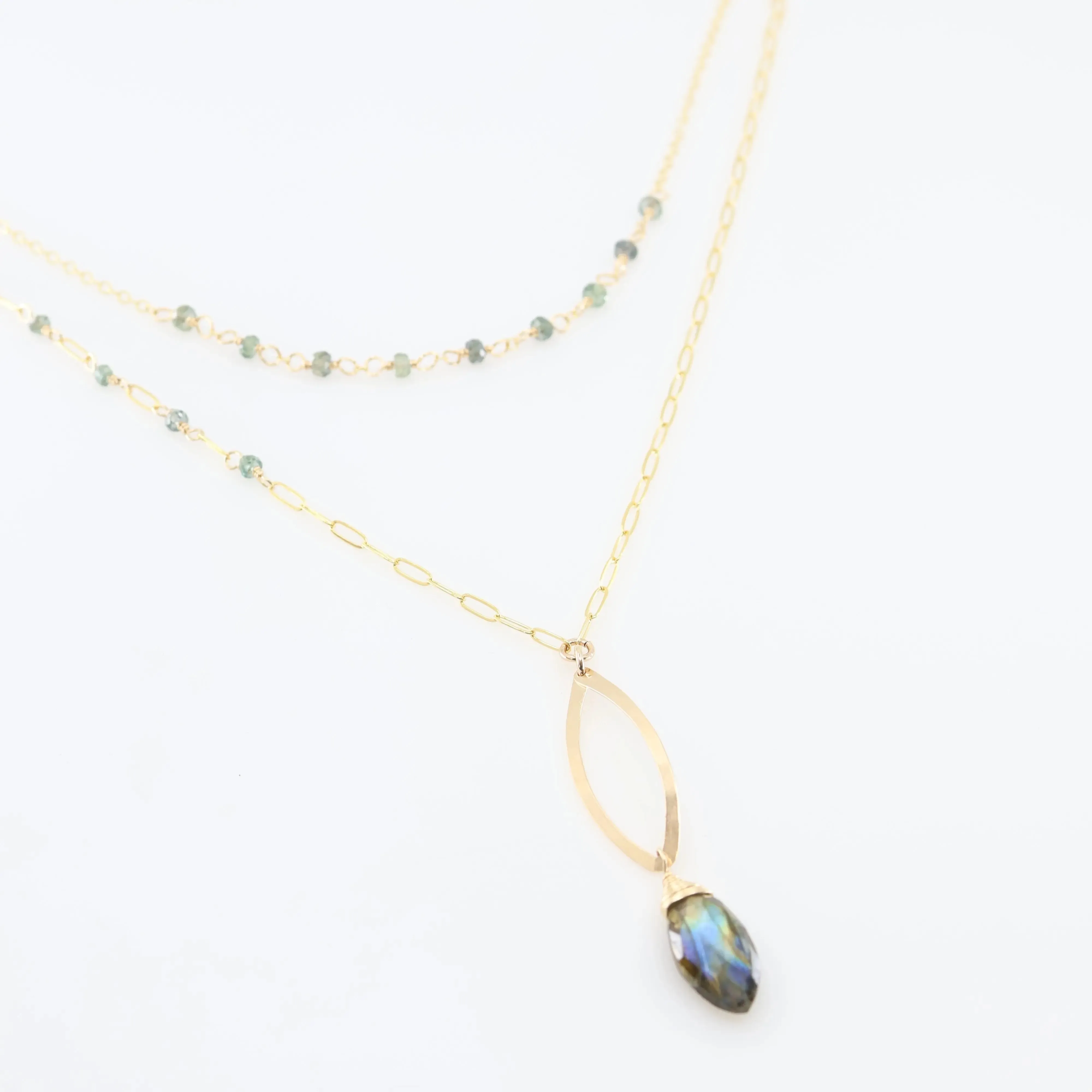 Forged Marquis Pendant Necklace with Labradorite and Australian Sapphire