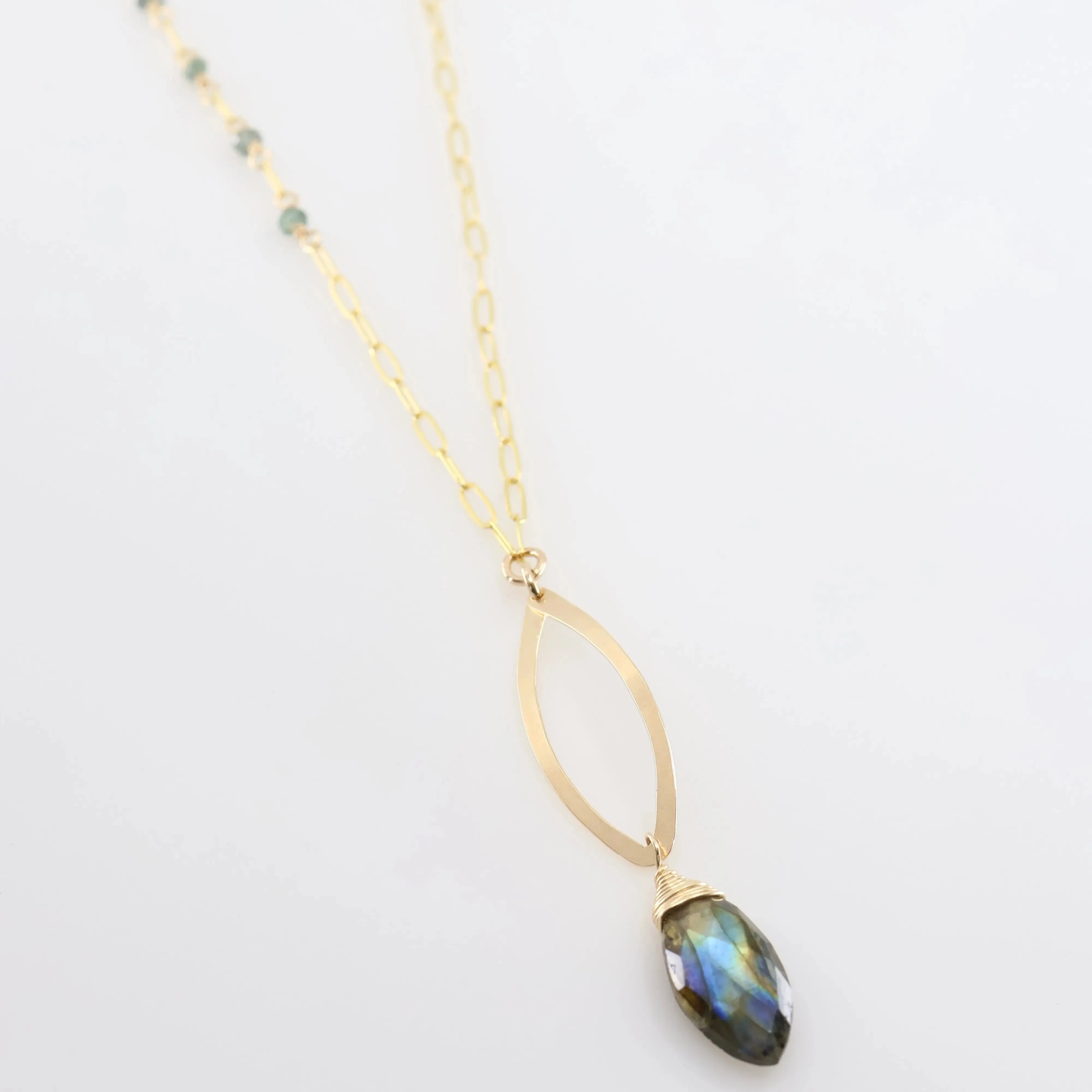 Forged Marquis Pendant Necklace with Labradorite and Australian Sapphire