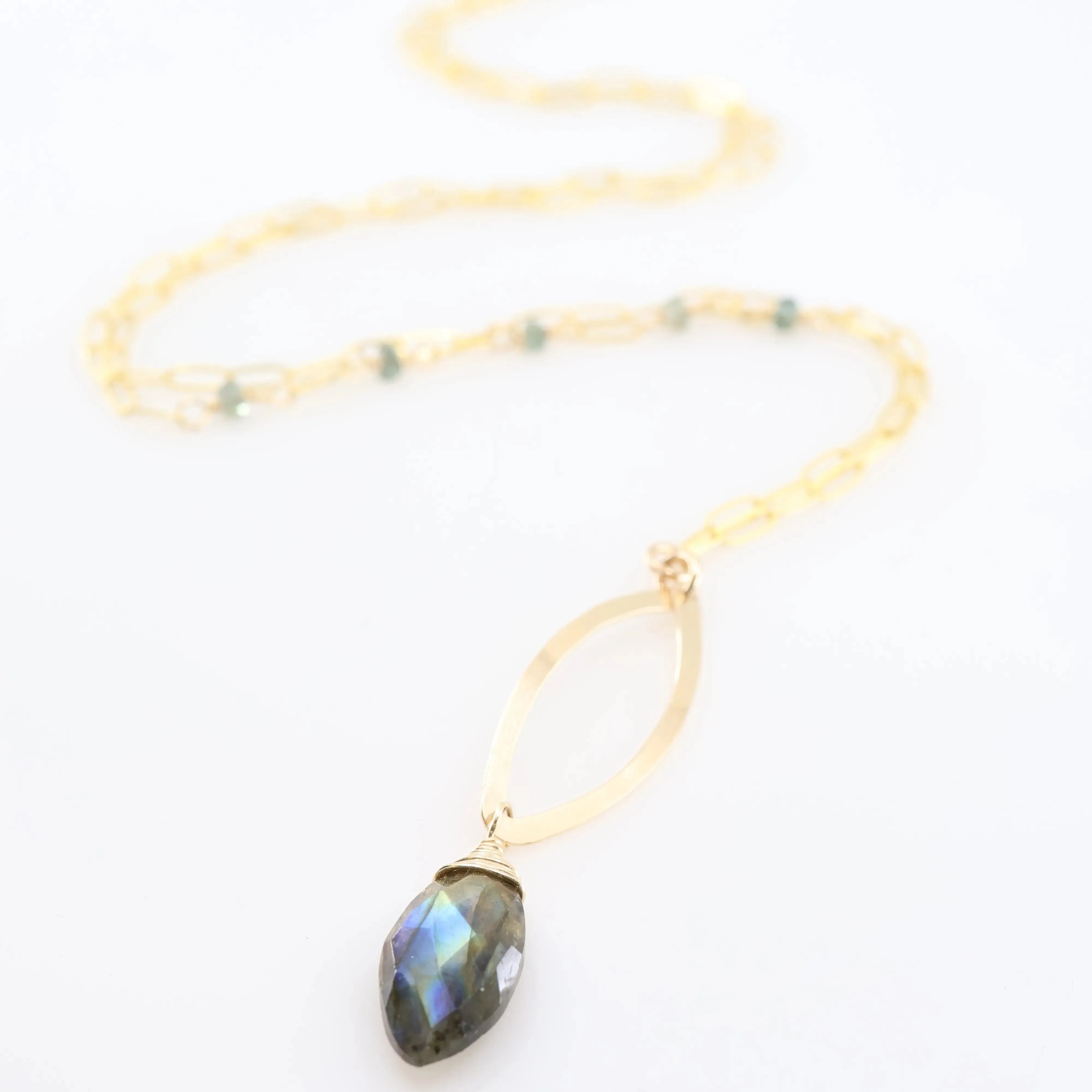 Forged Marquis Pendant Necklace with Labradorite and Australian Sapphire