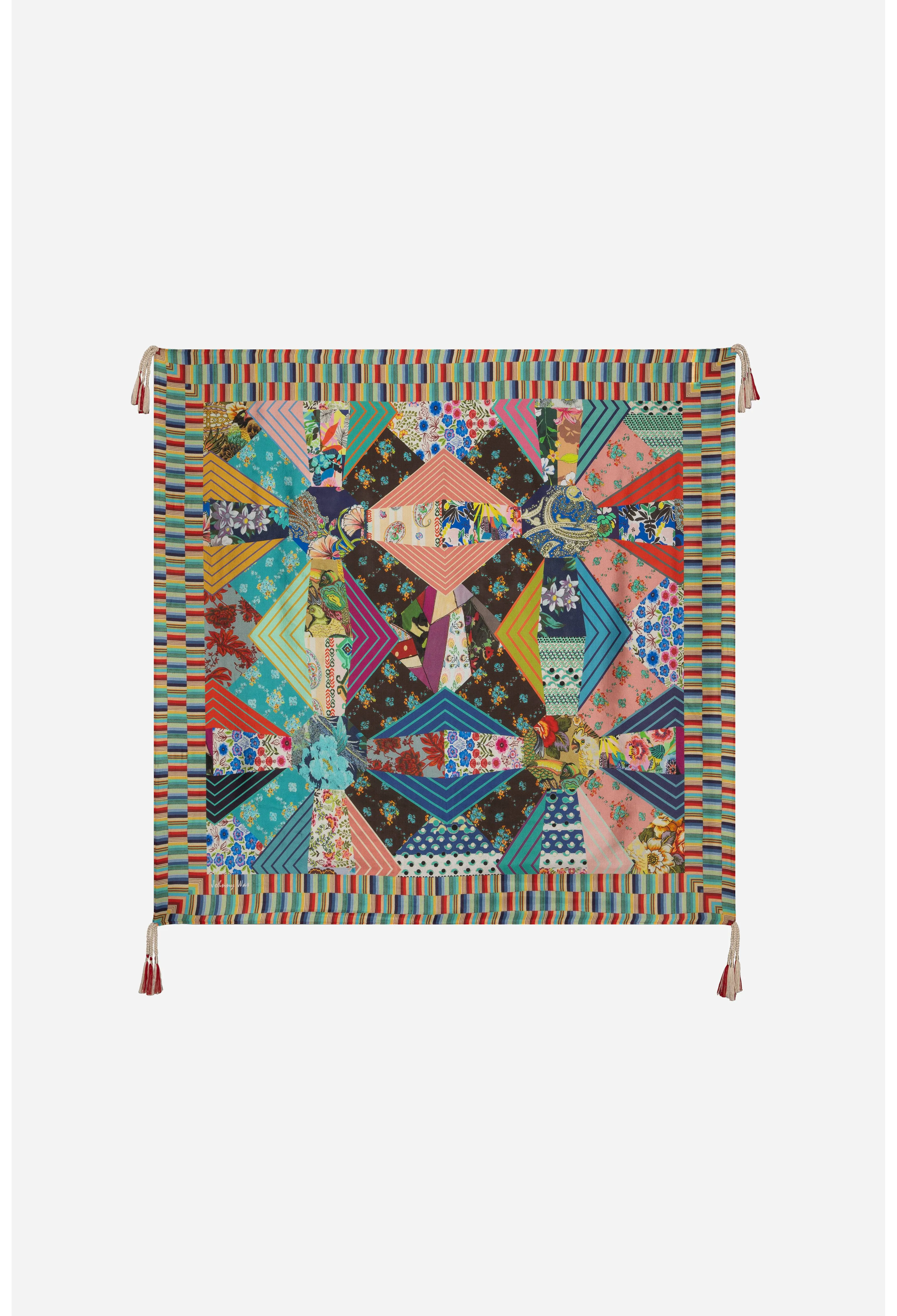 Johnny Was Imagination Silk Scarf Geo Square Large Floral Pink Black Tassels NEW