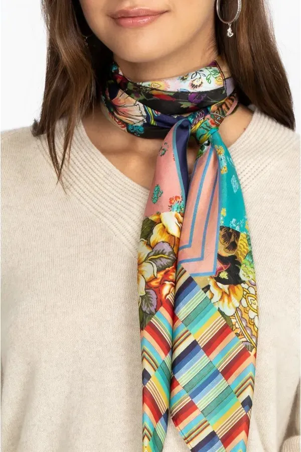 Johnny Was Imagination Silk Scarf Geo Square Large Floral Pink Black Tassels NEW