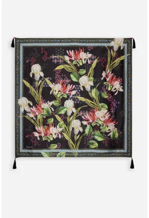 Johnny Was Iris Whisper Silk Scarf Floral Square Large Flowers Tassels Black NEW