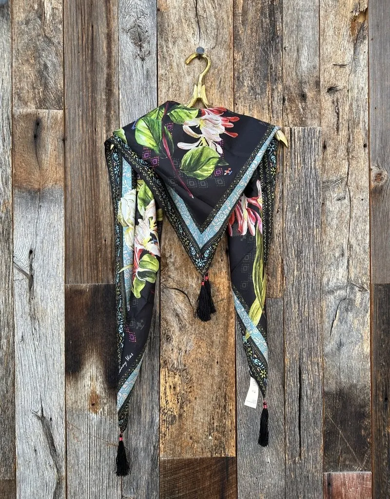 Johnny Was Iris Whisper Silk Scarf Floral Square Large Flowers Tassels Black NEW