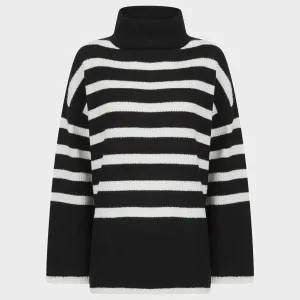 Ladies Black Stripe Roll Neck Jumper