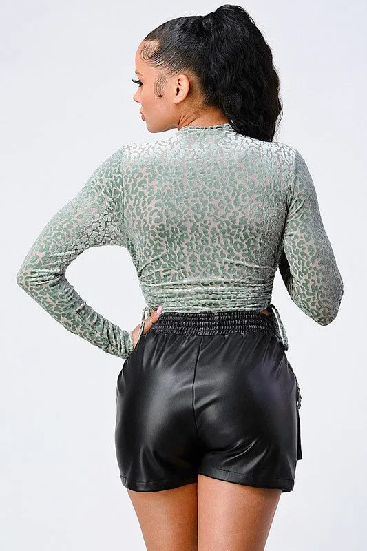 LEOPARD PRINT FLOCKING LONG SLEEVE BODYSUIT
