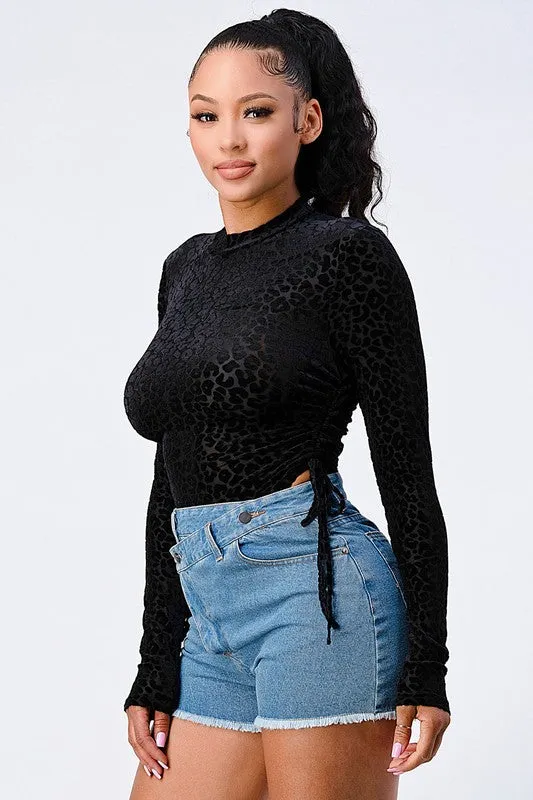 LEOPARD PRINT FLOCKING LONG SLEEVE BODYSUIT