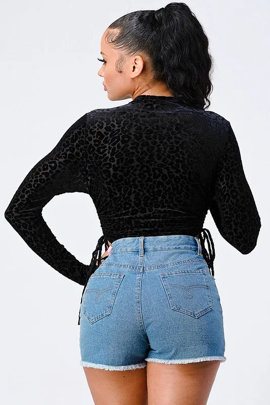 LEOPARD PRINT FLOCKING LONG SLEEVE BODYSUIT