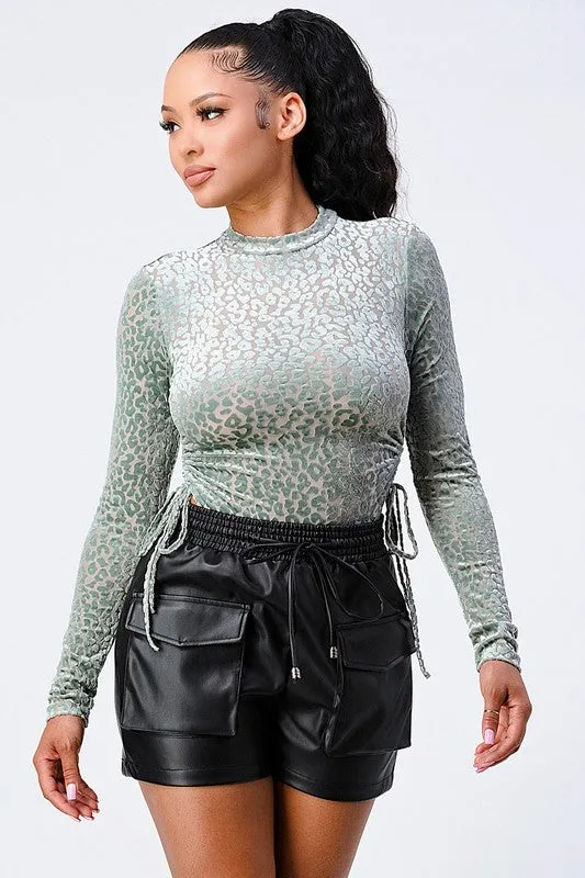 LEOPARD PRINT FLOCKING LONG SLEEVE BODYSUIT