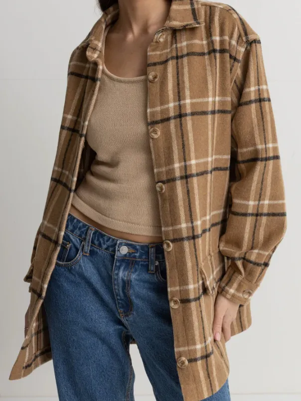 Long Check Shacket in Caramel
