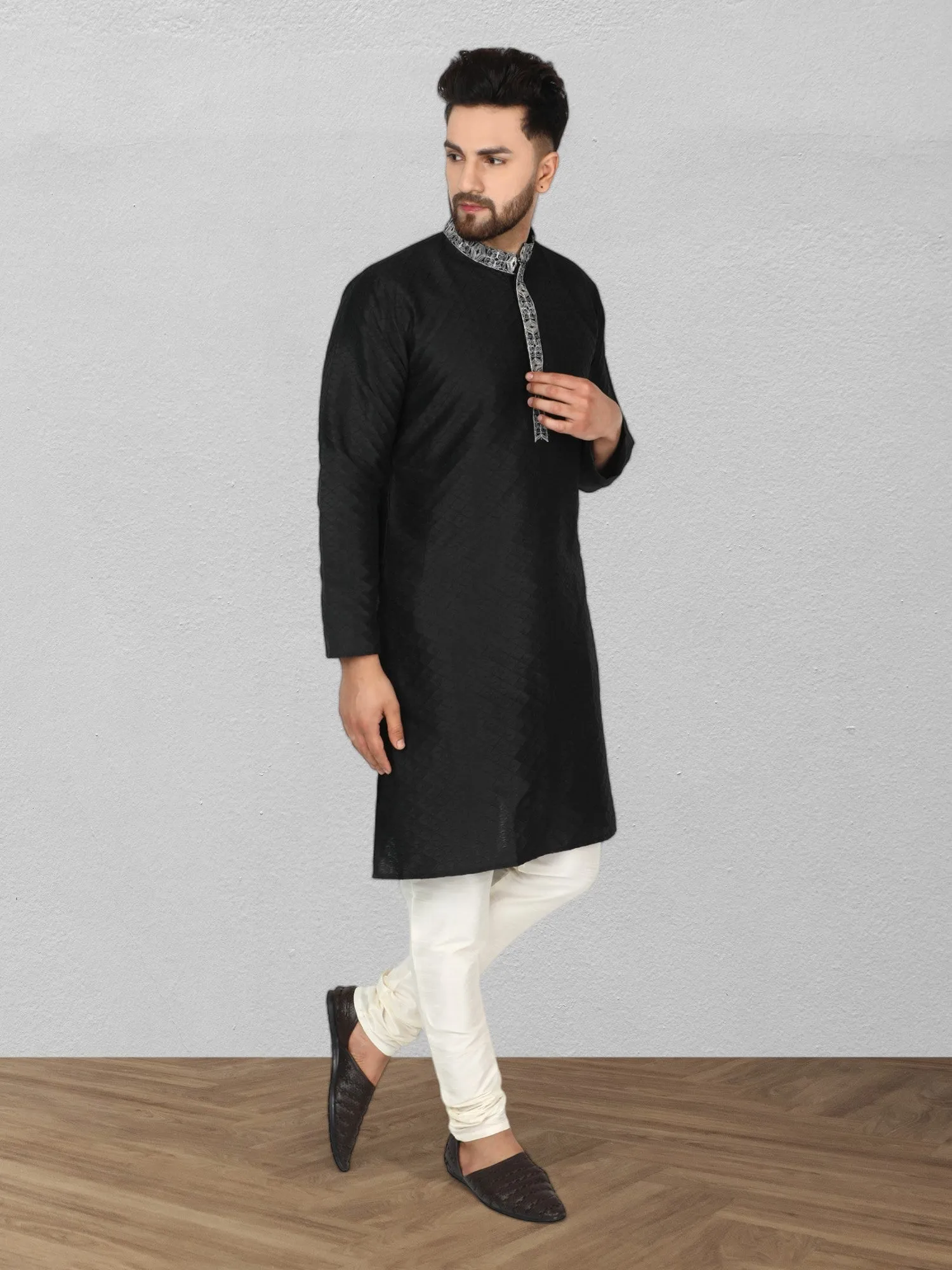 Men's Art Silk Kurta Pajama Indian Traditional Wedding Party Festive Season Dress Set Black