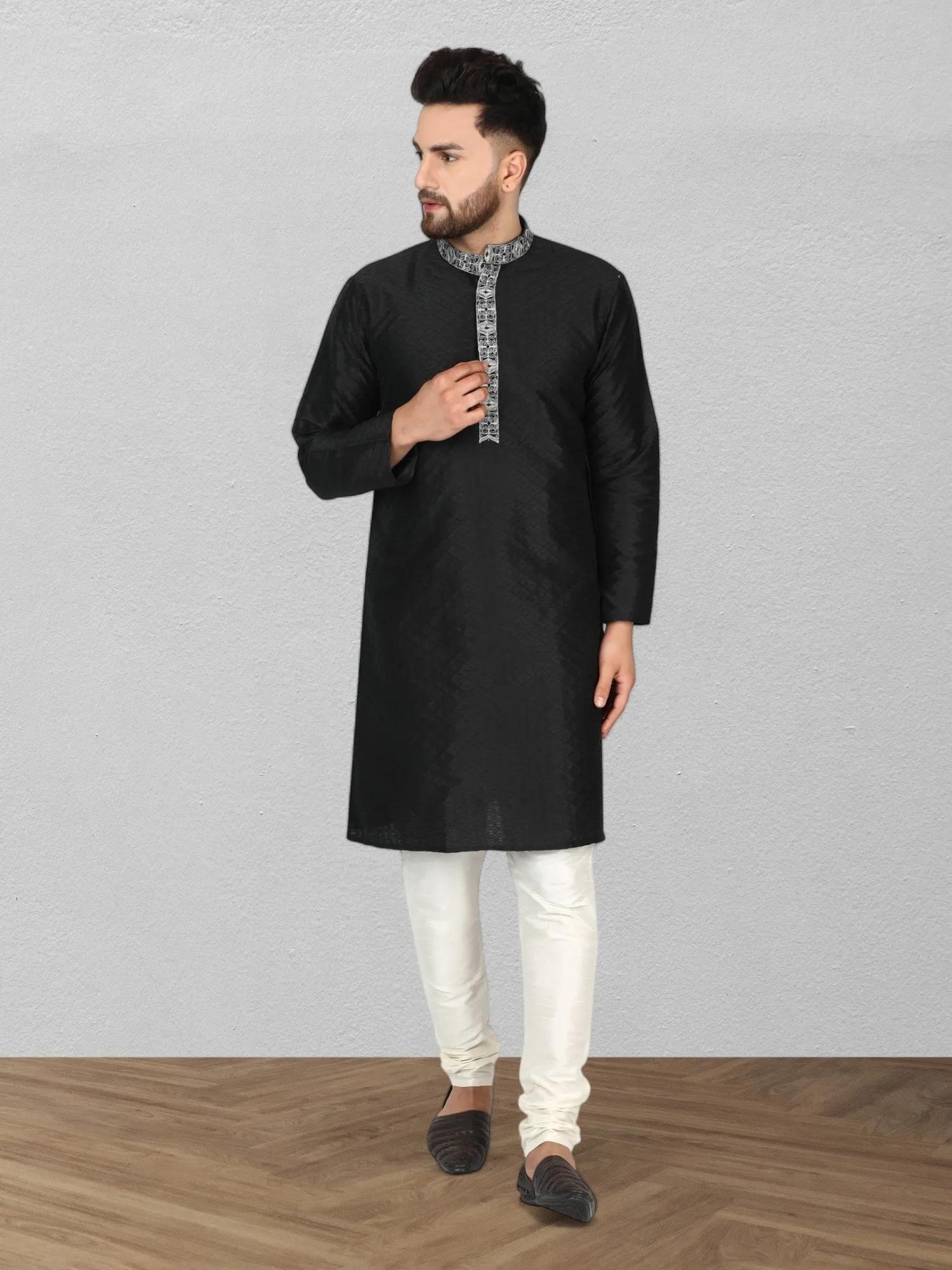 Men's Art Silk Kurta Pajama Indian Traditional Wedding Party Festive Season Dress Set Black