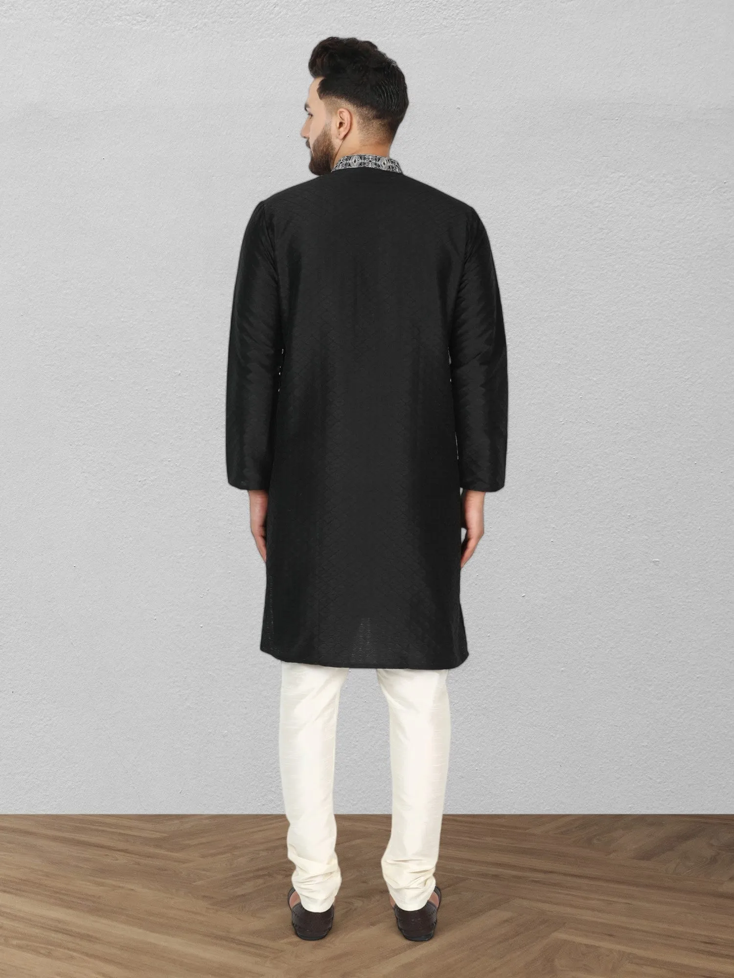 Men's Art Silk Kurta Pajama Indian Traditional Wedding Party Festive Season Dress Set Black