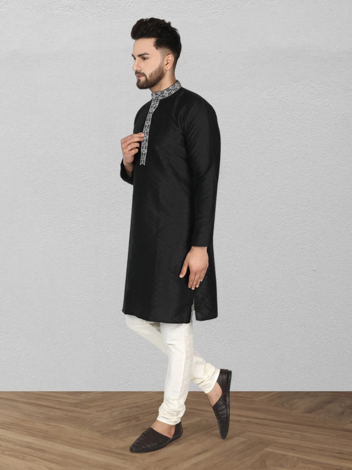 Men's Art Silk Kurta Pajama Indian Traditional Wedding Party Festive Season Dress Set Black