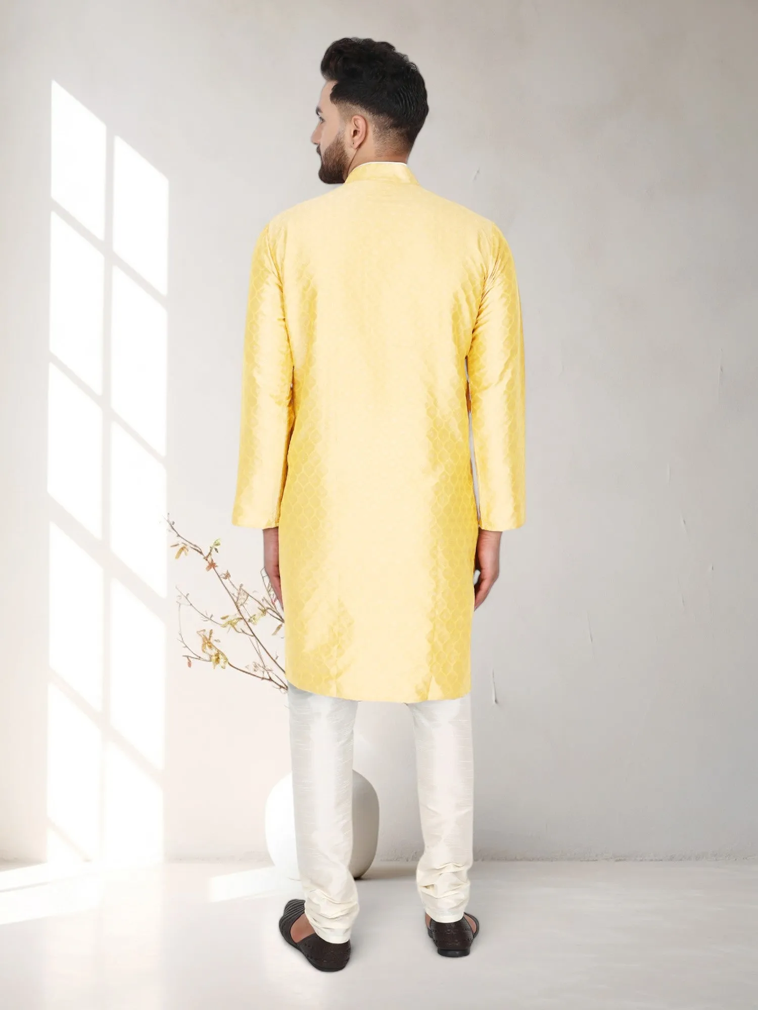 Men's Tunic Indian Art Silk Kurta Pajama Wedding Party Festive Season Dress Set Beige