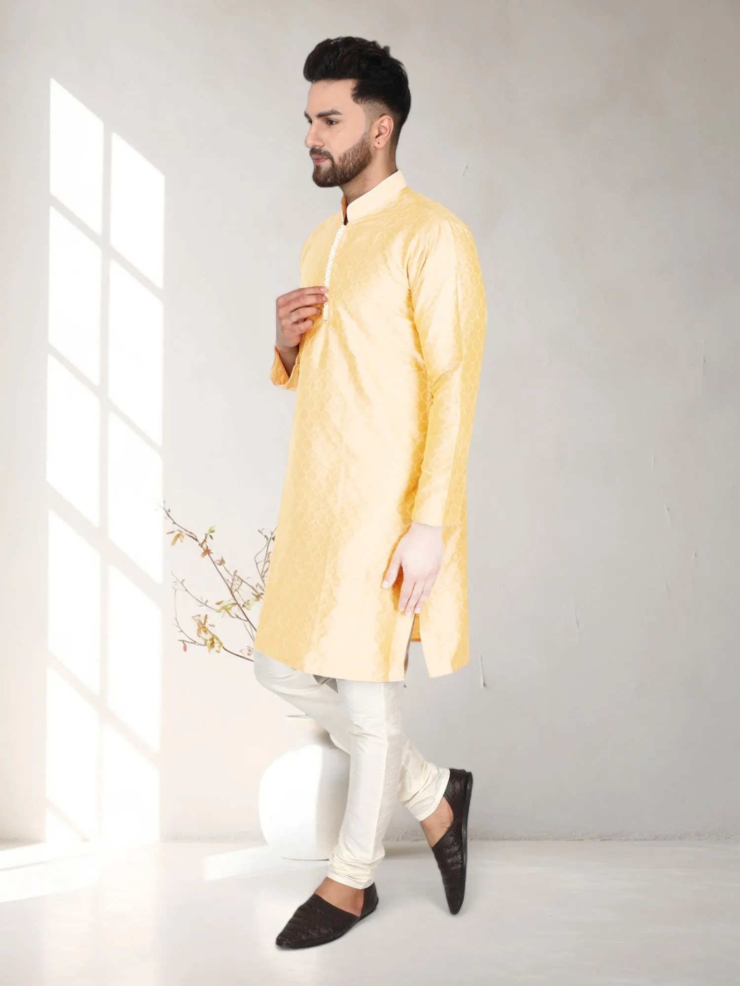Men's Tunic Indian Art Silk Kurta Pajama Wedding Party Festive Season Dress Set Beige