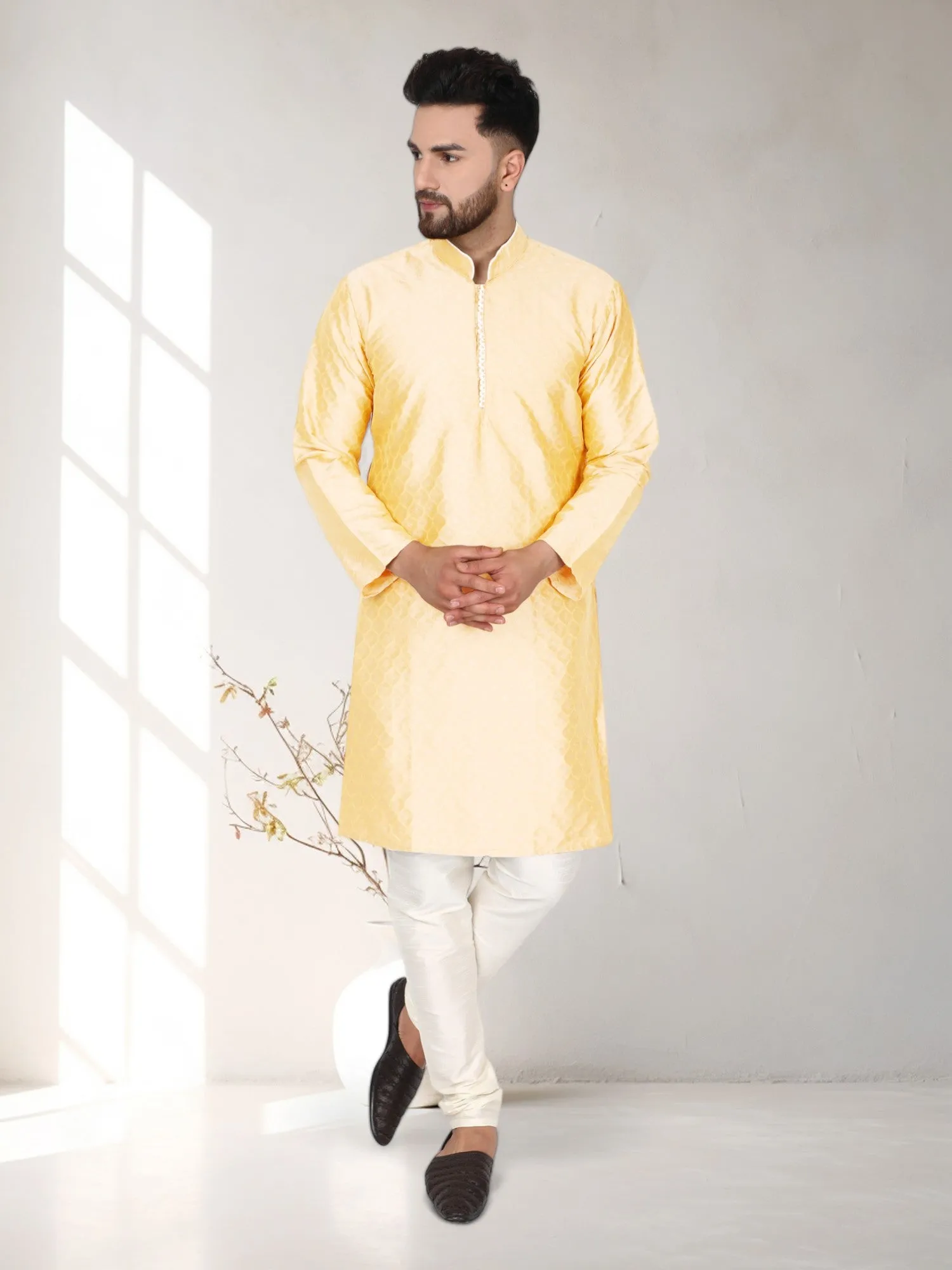 Men's Tunic Indian Art Silk Kurta Pajama Wedding Party Festive Season Dress Set Beige