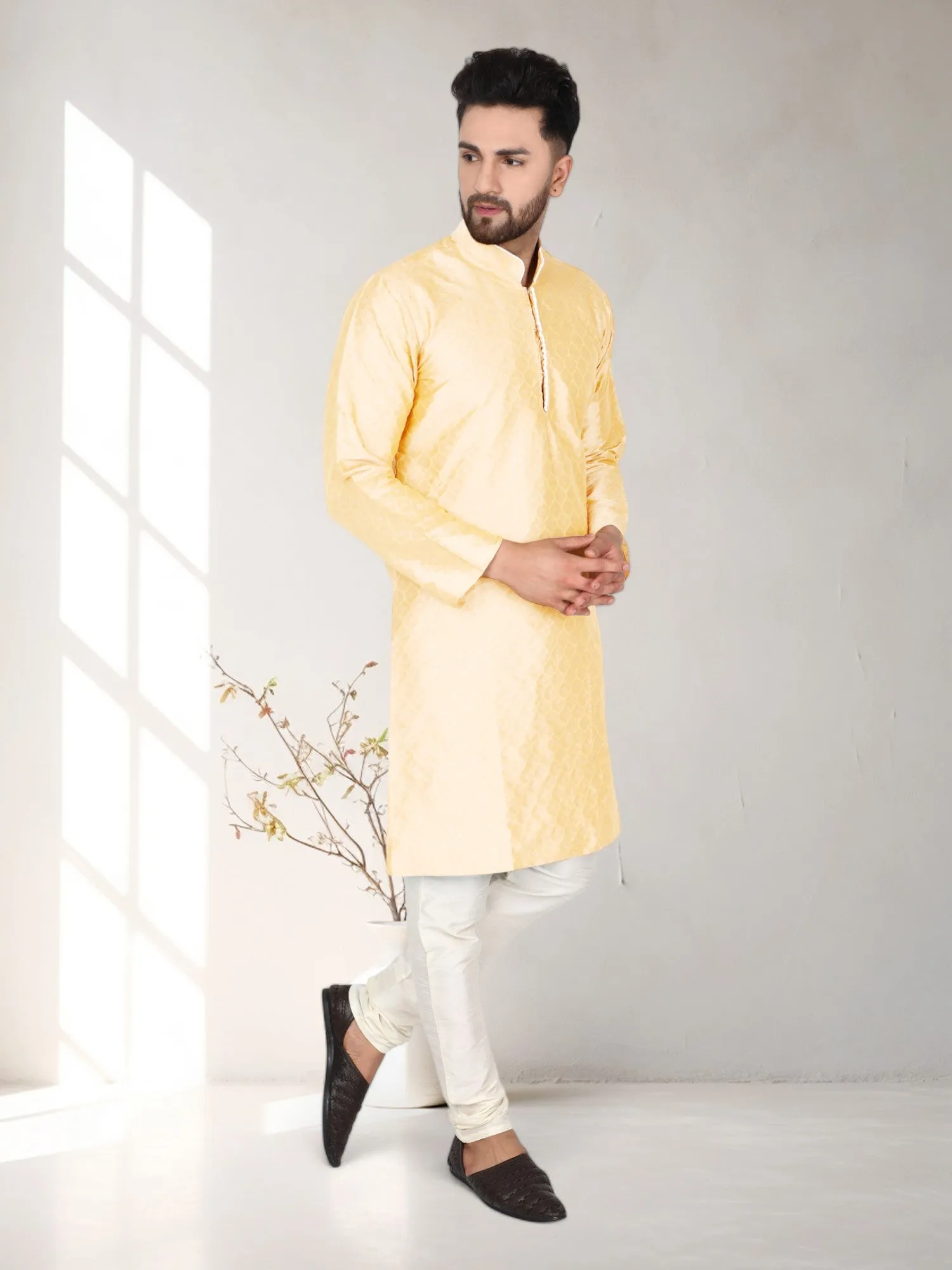 Men's Tunic Indian Art Silk Kurta Pajama Wedding Party Festive Season Dress Set Beige