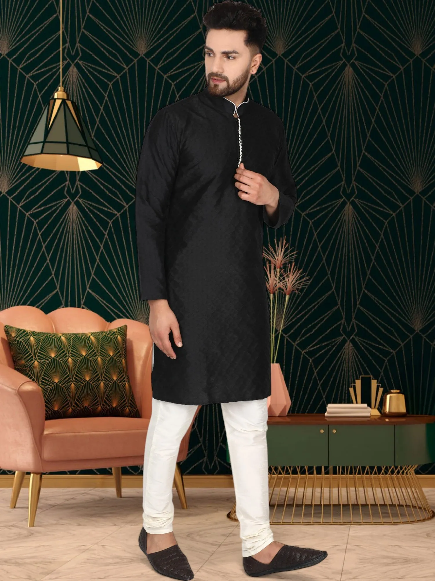 Men's Tunic Indian Art Silk Kurta Pajama Wedding Party Festive Season Dress Set Black
