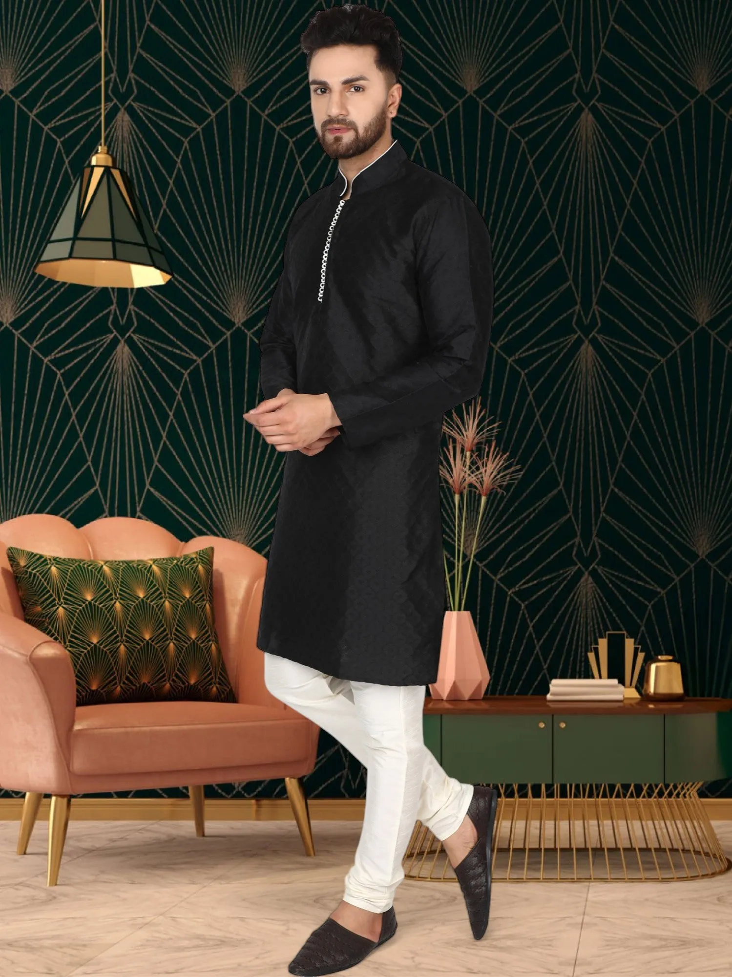 Men's Tunic Indian Art Silk Kurta Pajama Wedding Party Festive Season Dress Set Black