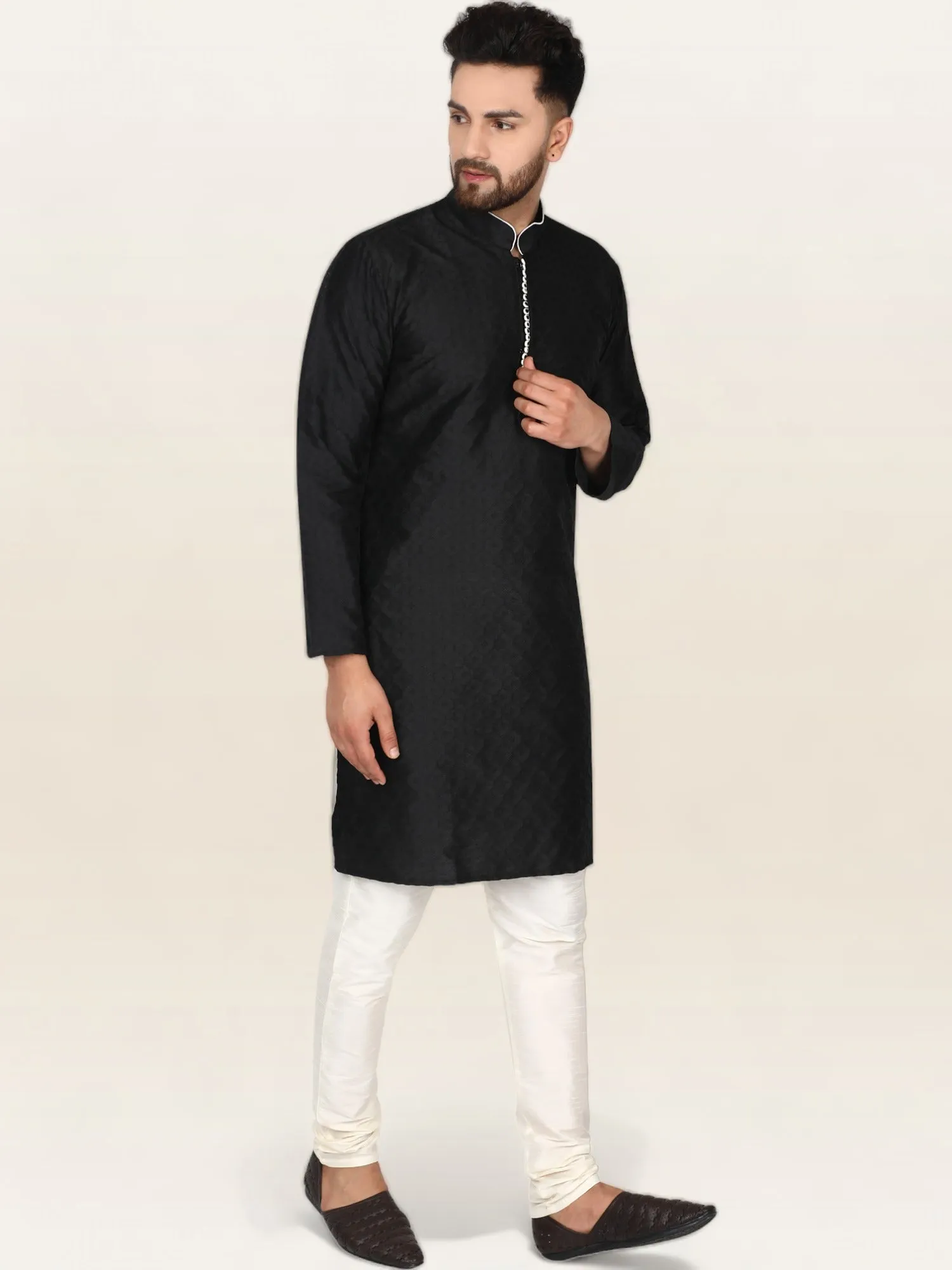 Men's Tunic Indian Art Silk Kurta Pajama Wedding Party Festive Season Dress Set Black