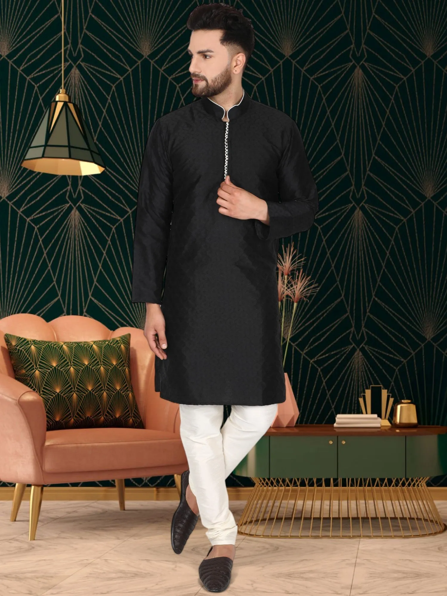 Men's Tunic Indian Art Silk Kurta Pajama Wedding Party Festive Season Dress Set Black