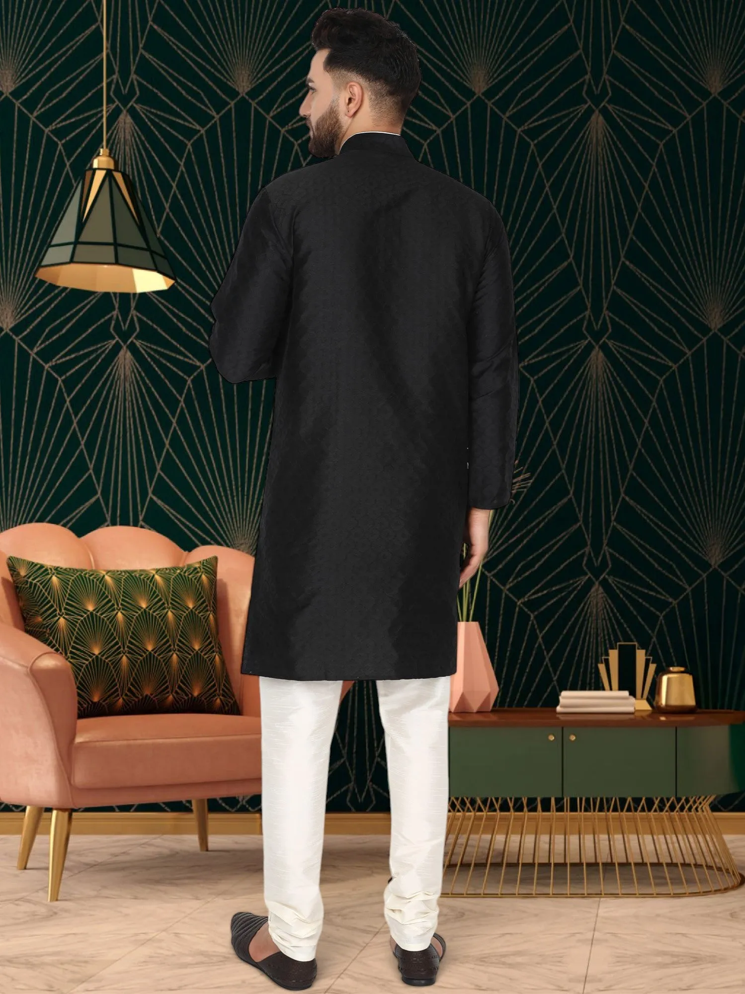 Men's Tunic Indian Art Silk Kurta Pajama Wedding Party Festive Season Dress Set Black