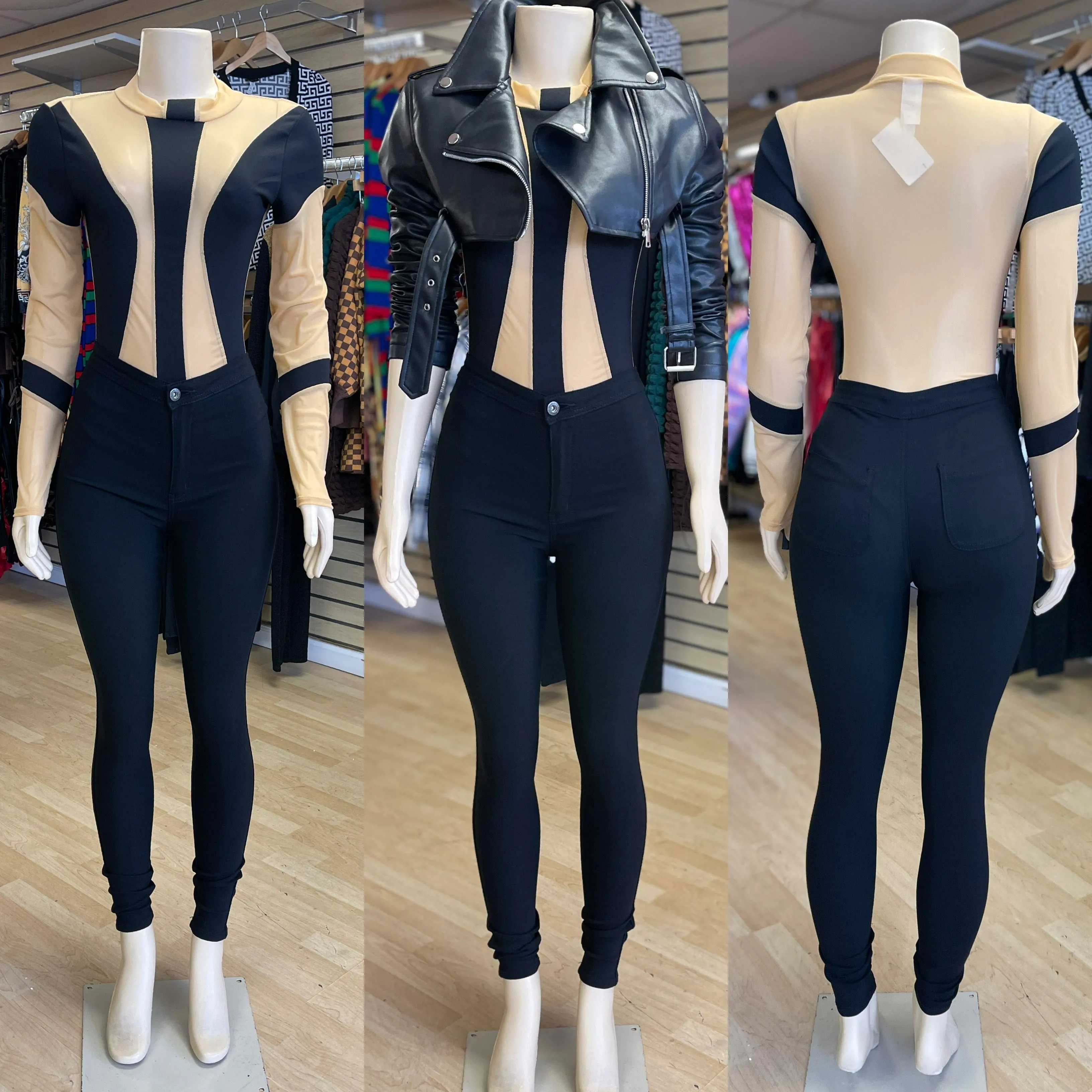 Mesh and Color Night Out Bodysuit ( Black and Nude)