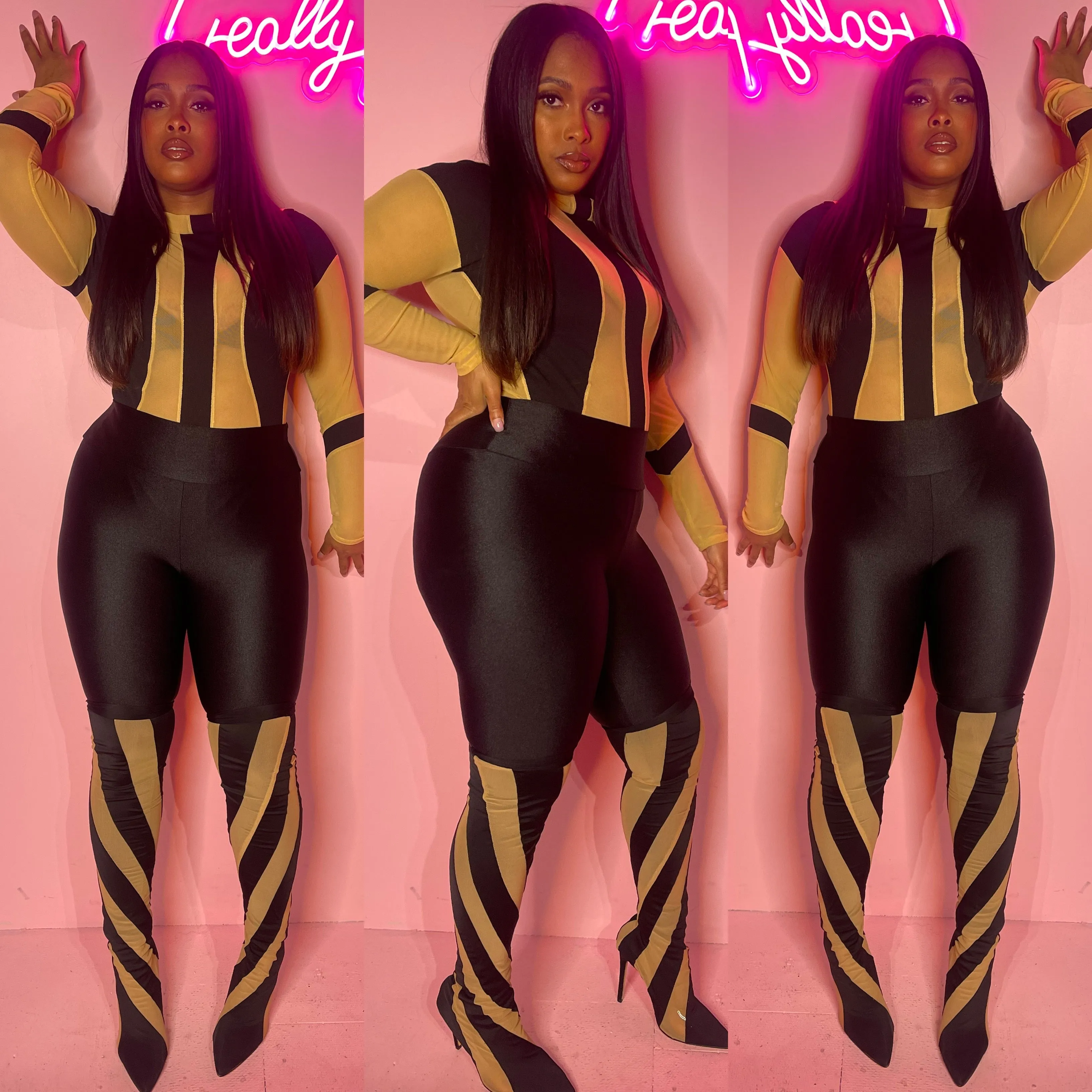 Mesh and Color Night Out Bodysuit ( Black and Nude)