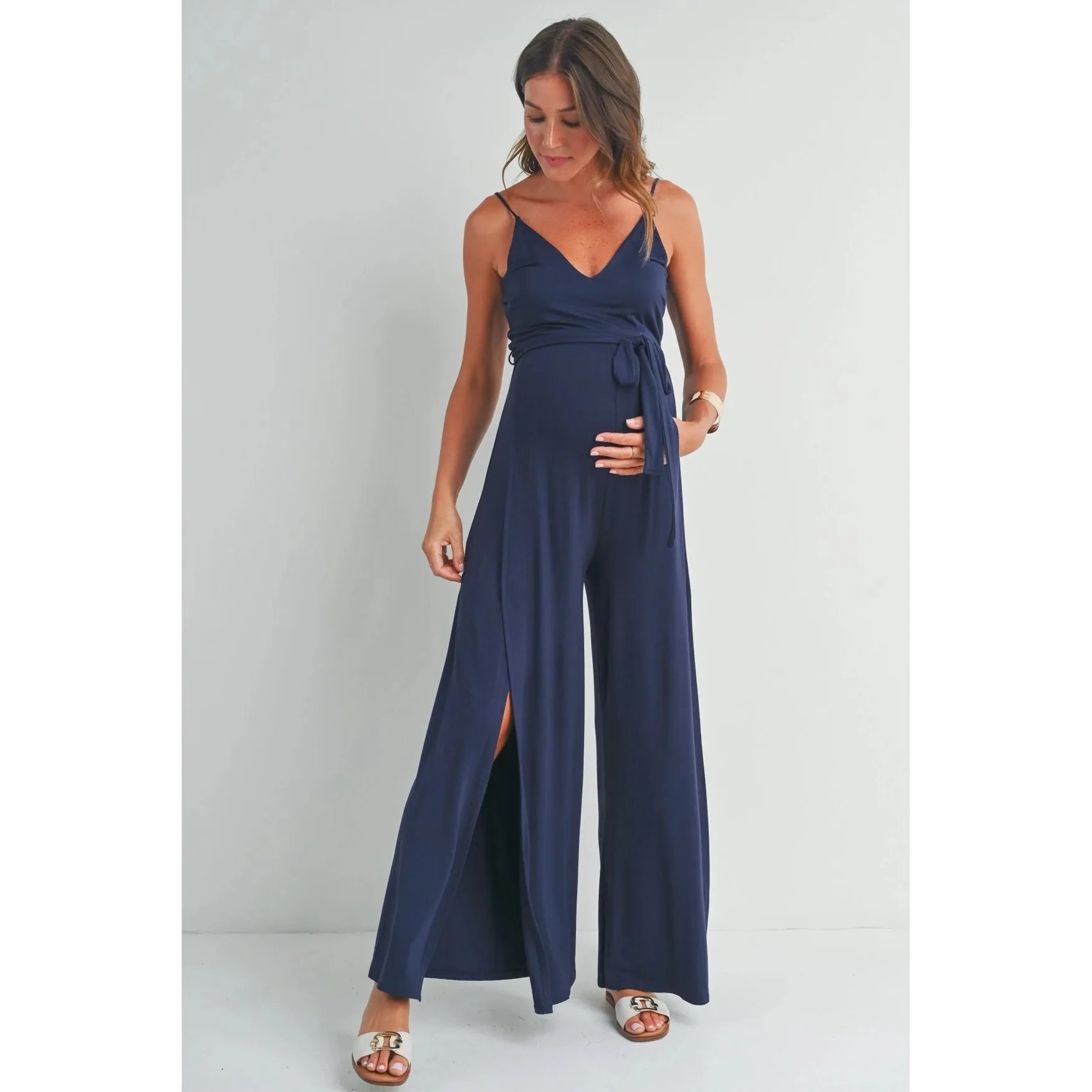 Navy Sleeveless V-Neck Split Hem Maternity Jumpsuit