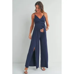 Navy Sleeveless V-Neck Split Hem Maternity Jumpsuit
