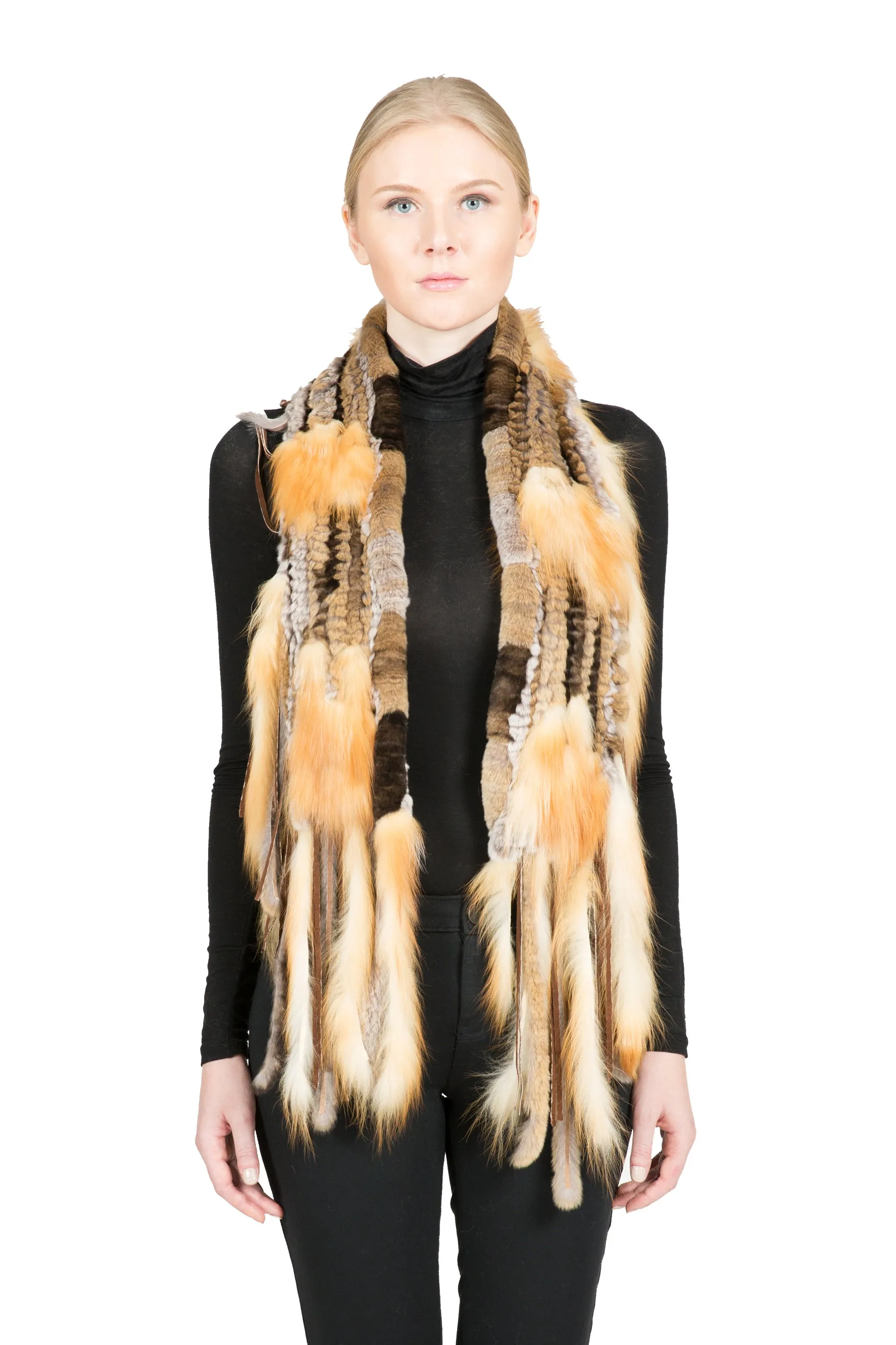 PARSBERG - Knitted Rex Rabbit and Red Fox Scarf with Fringe