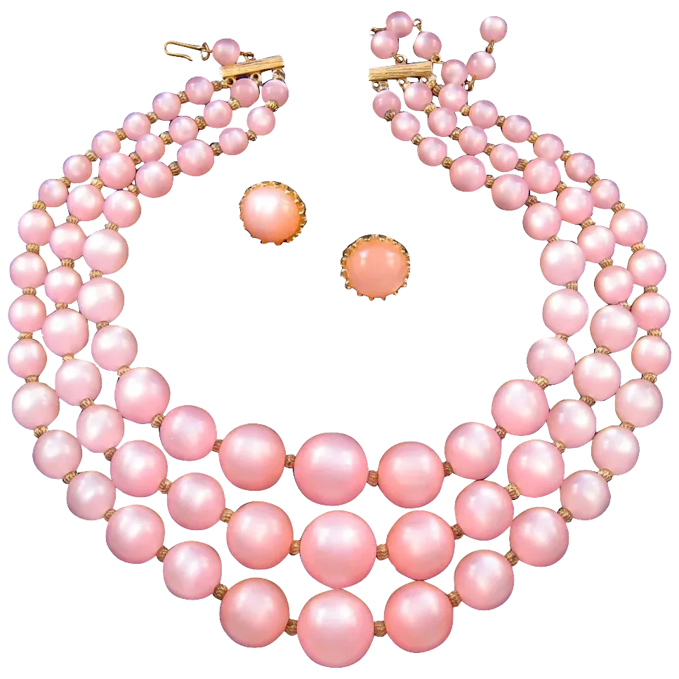 Pink Moonglow Lucite Triple-Strand Necklace with Earrings