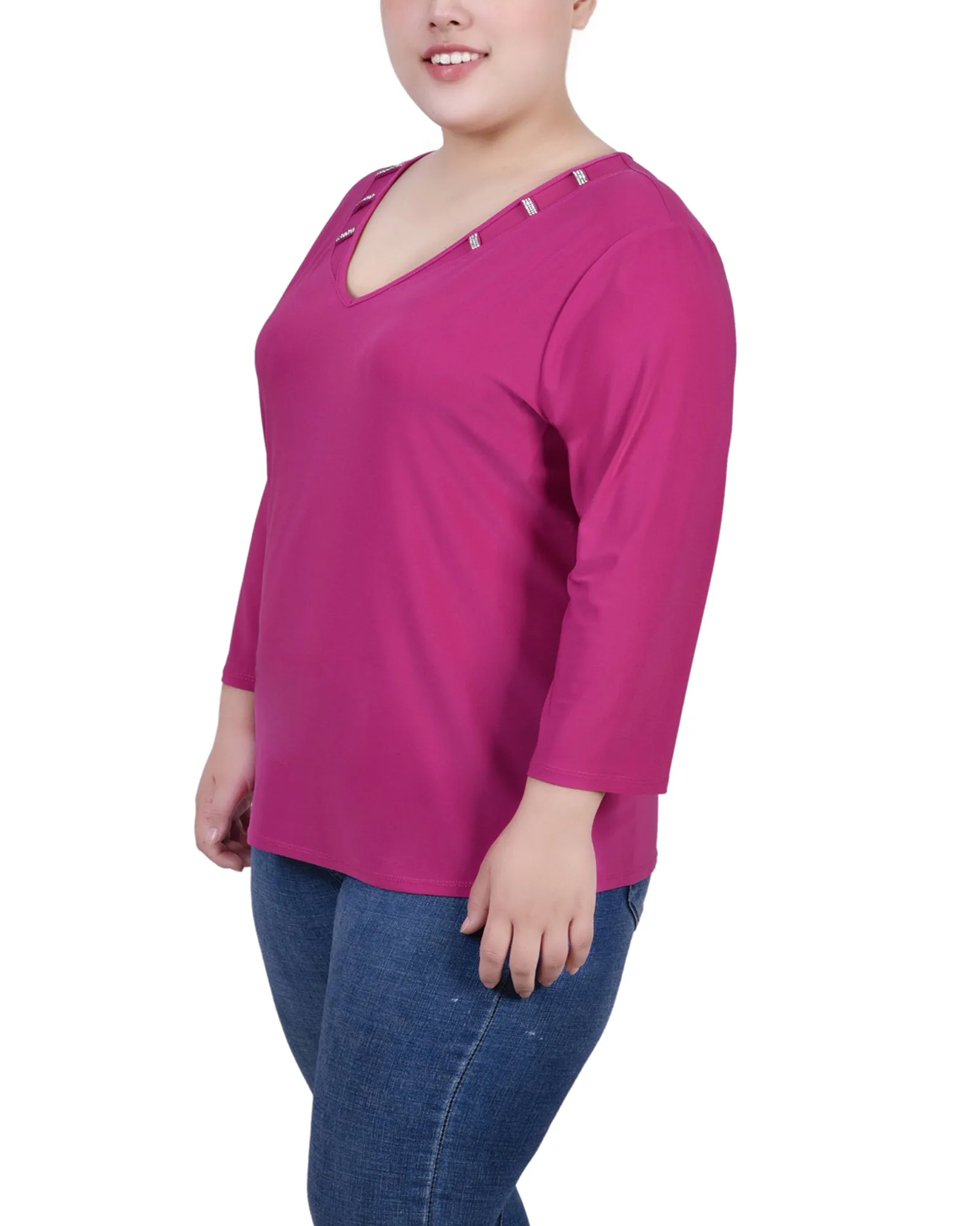 Plus Size 3/4 Sleeve Top With Illusion Neckline and Stones