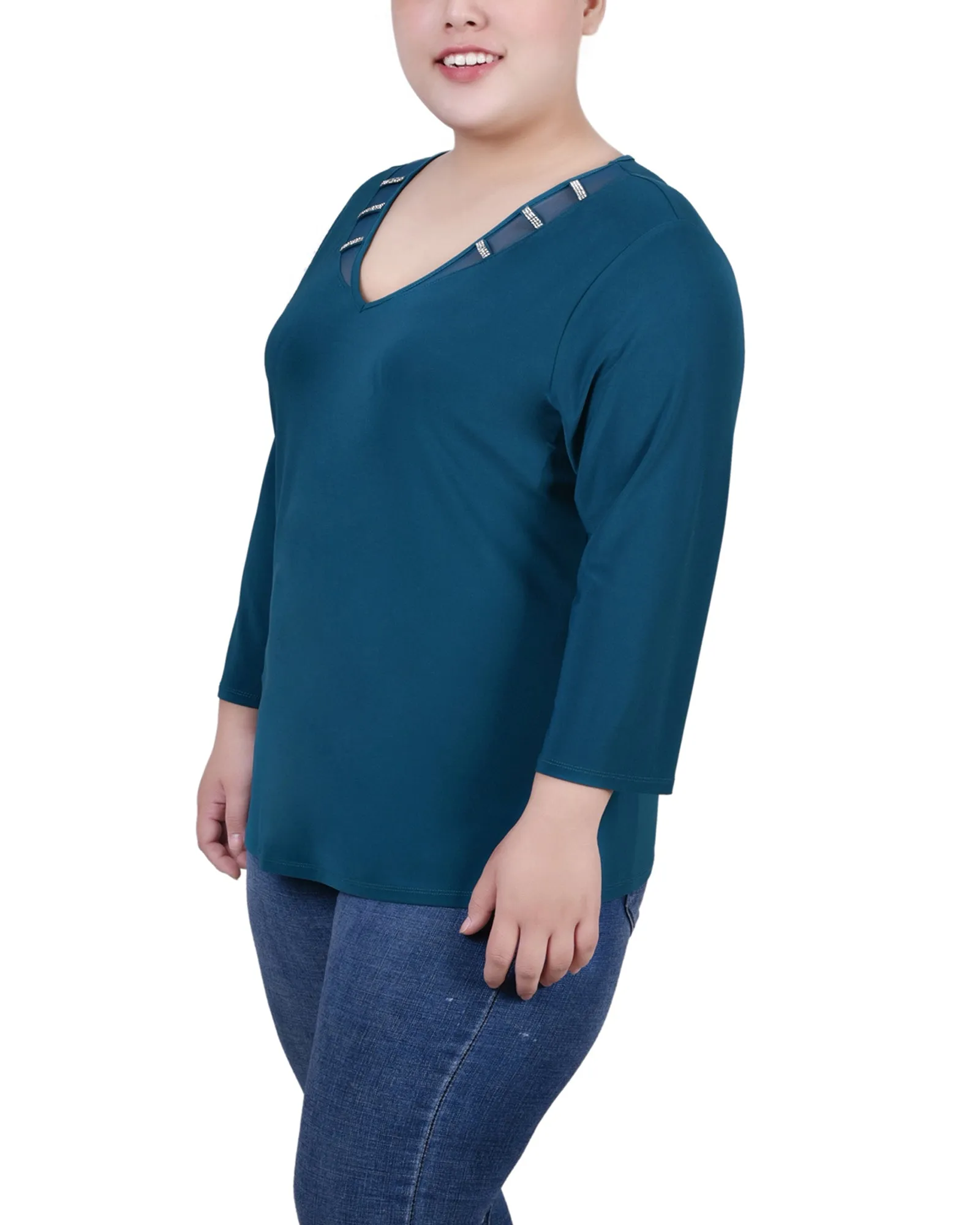 Plus Size 3/4 Sleeve Top With Illusion Neckline and Stones