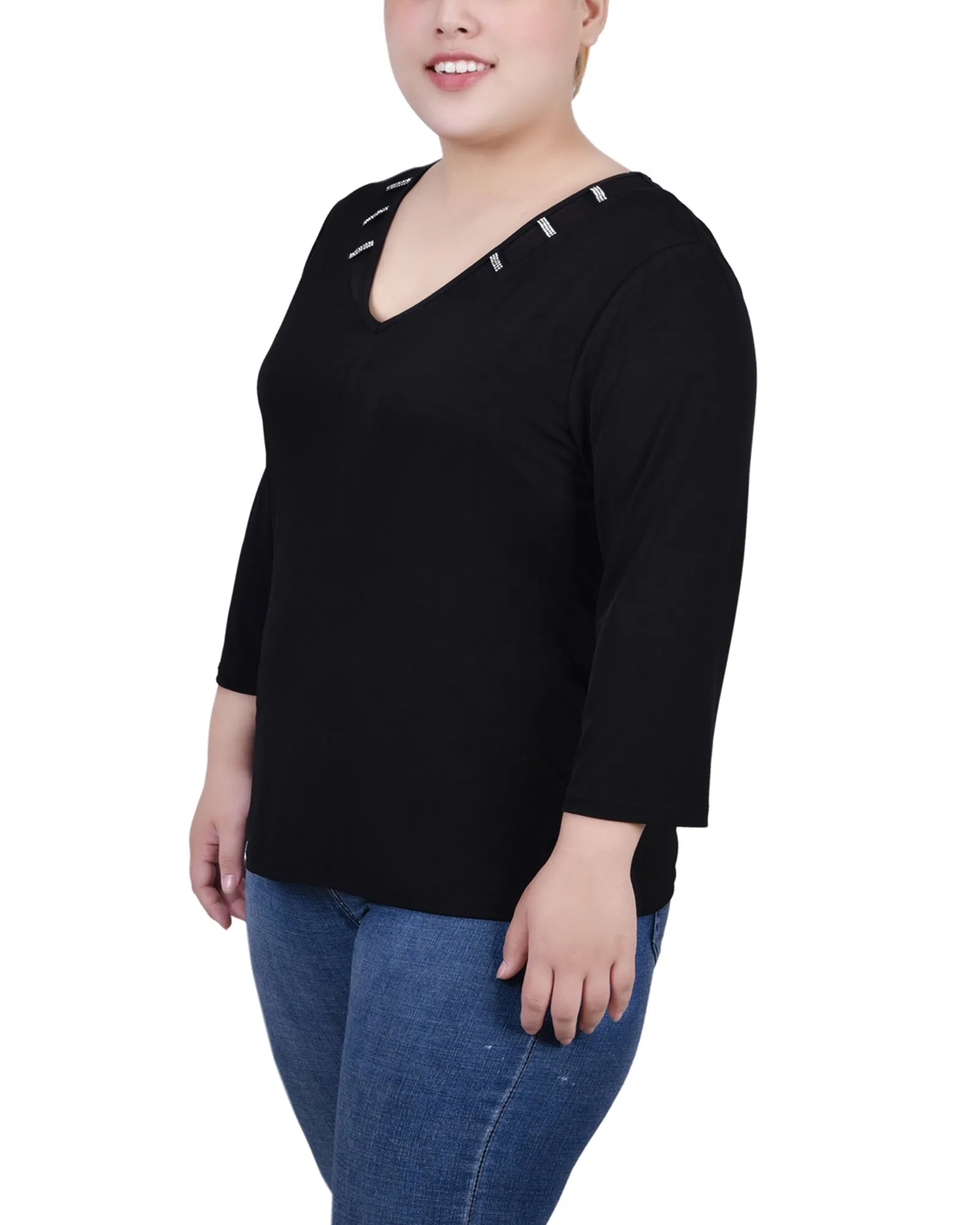 Plus Size 3/4 Sleeve Top With Illusion Neckline and Stones