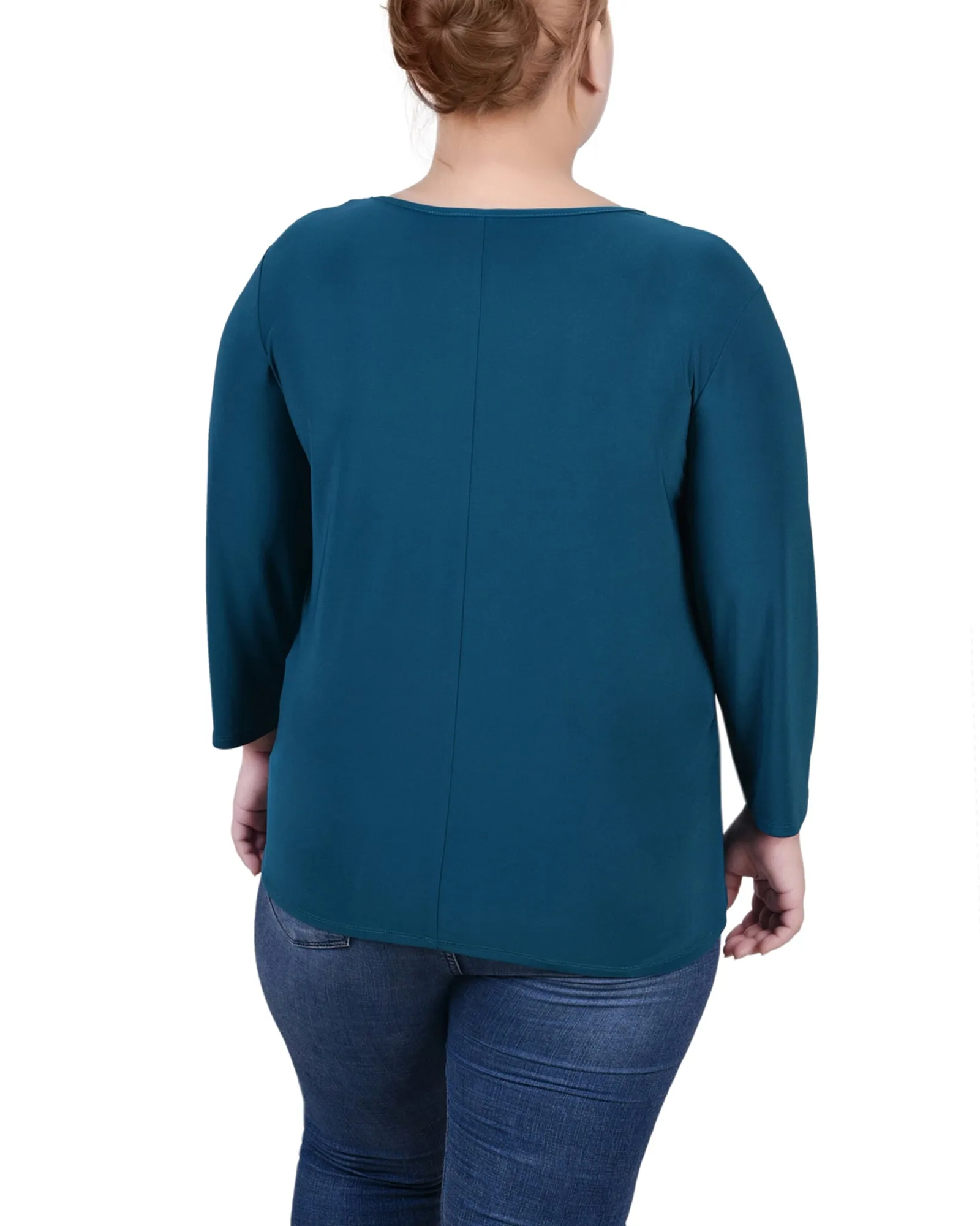 Plus Size 3/4 Sleeve Top With Illusion Neckline and Stones
