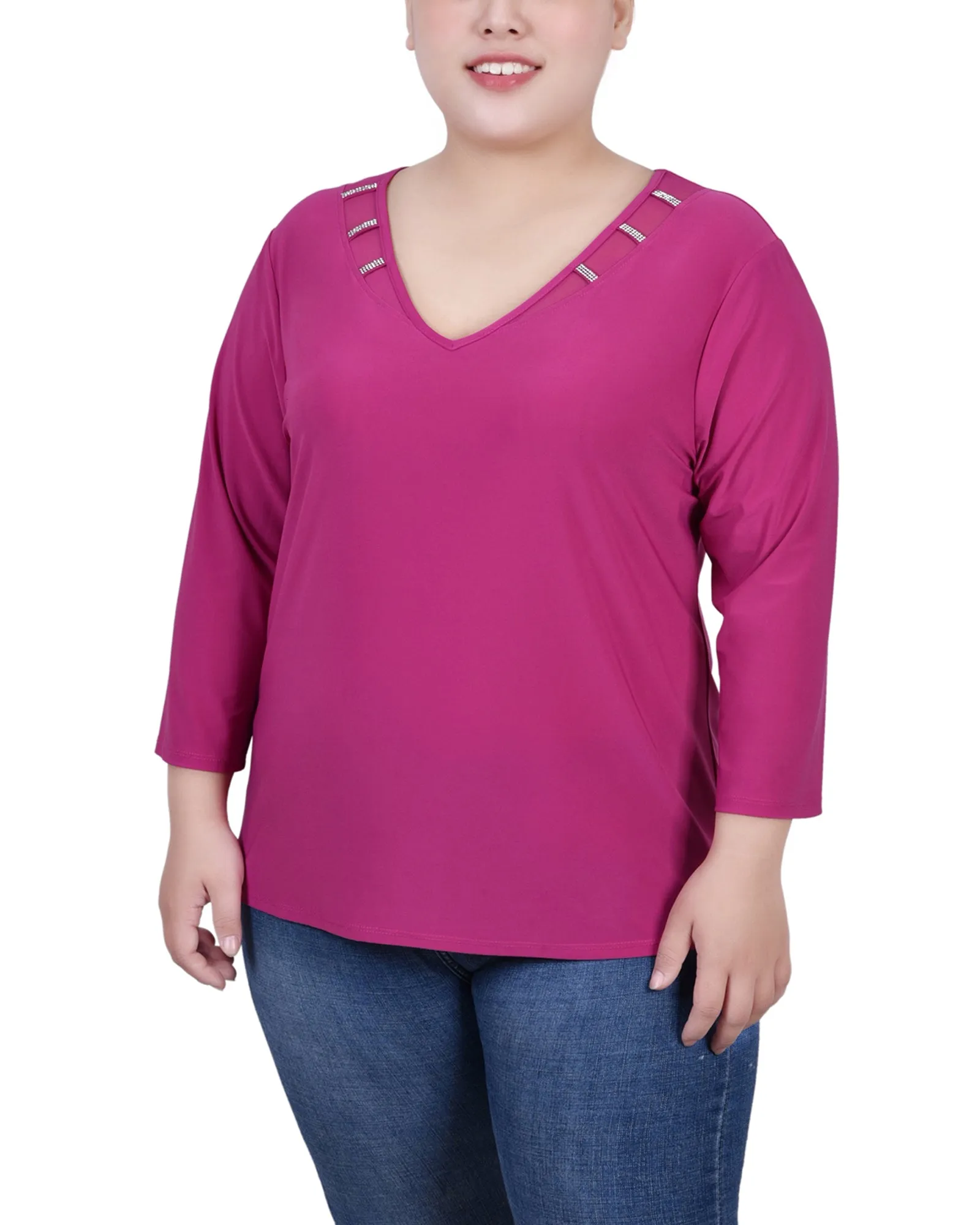 Plus Size 3/4 Sleeve Top With Illusion Neckline and Stones