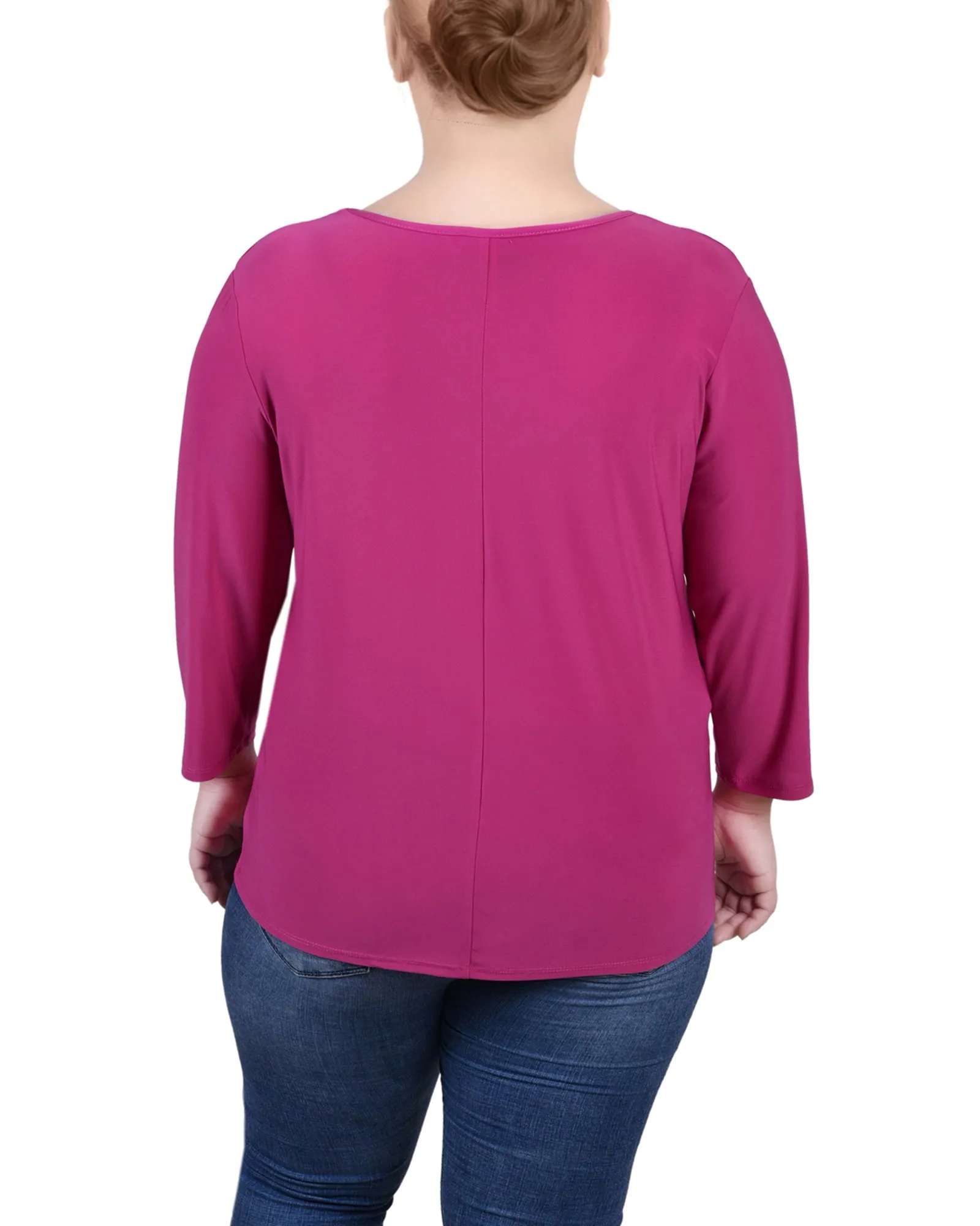 Plus Size 3/4 Sleeve Top With Illusion Neckline and Stones